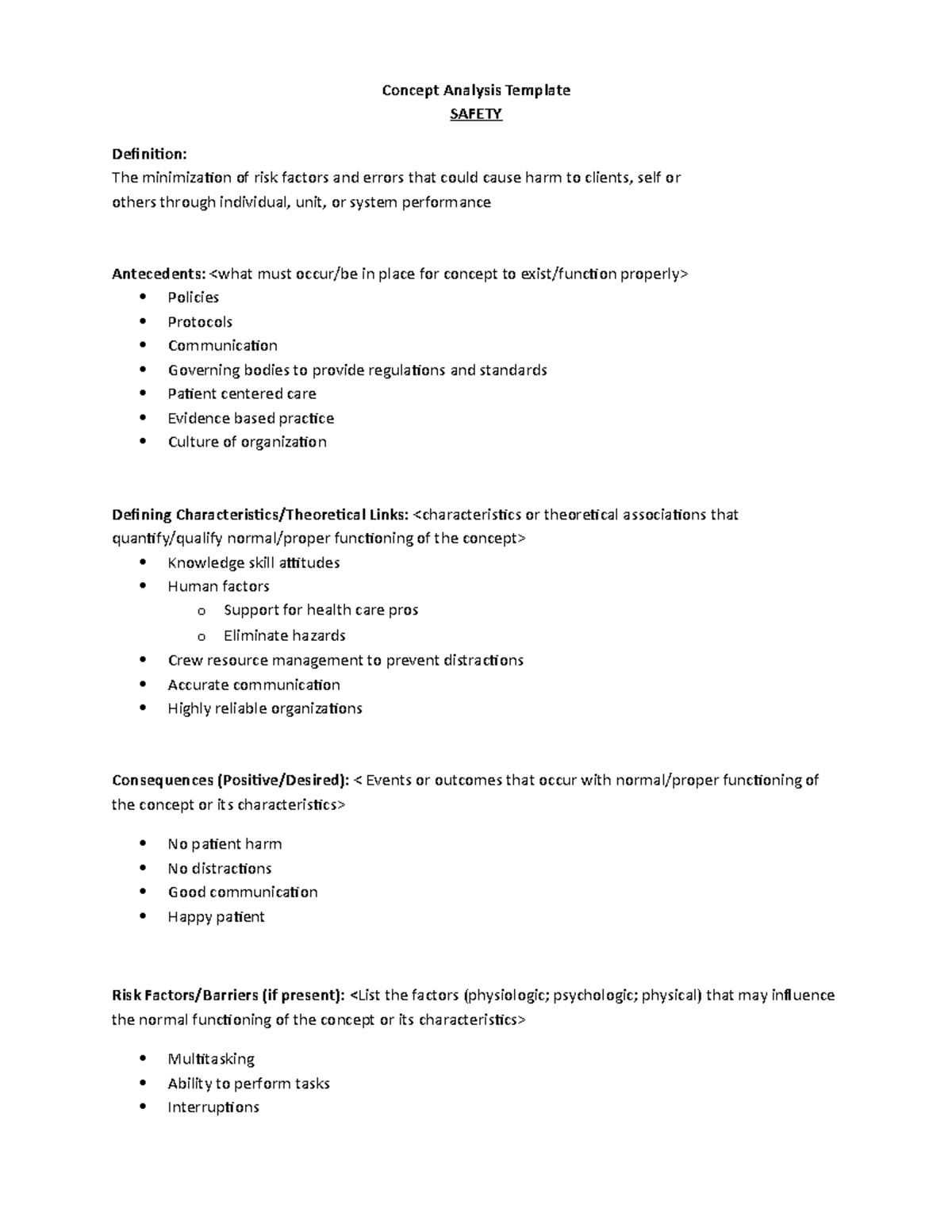 Safety Concept Analysis Concept Analysis Template SAFETY Definition