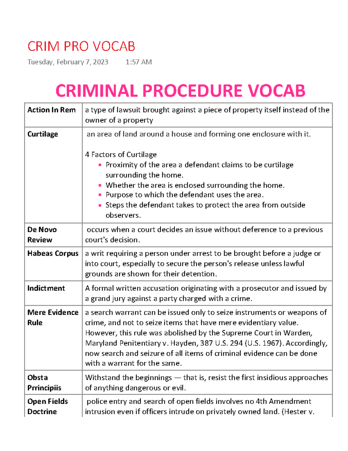 Crim Pro Vocab 2023 Key Terms CRIMINAL PROCEDURE VOCAB Action In Rem A Type Of Lawsuit 