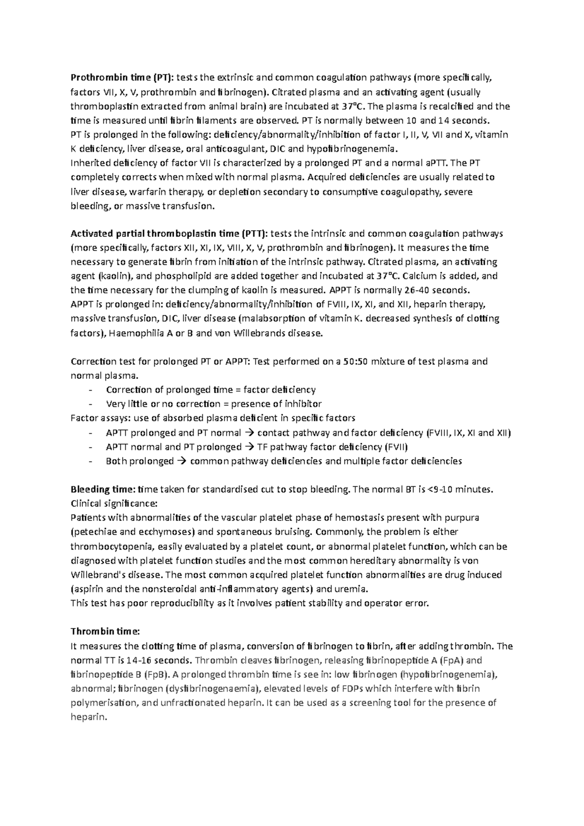 Coagulation test - Lecture notes - Prothrombin ime (PT): tests the ...
