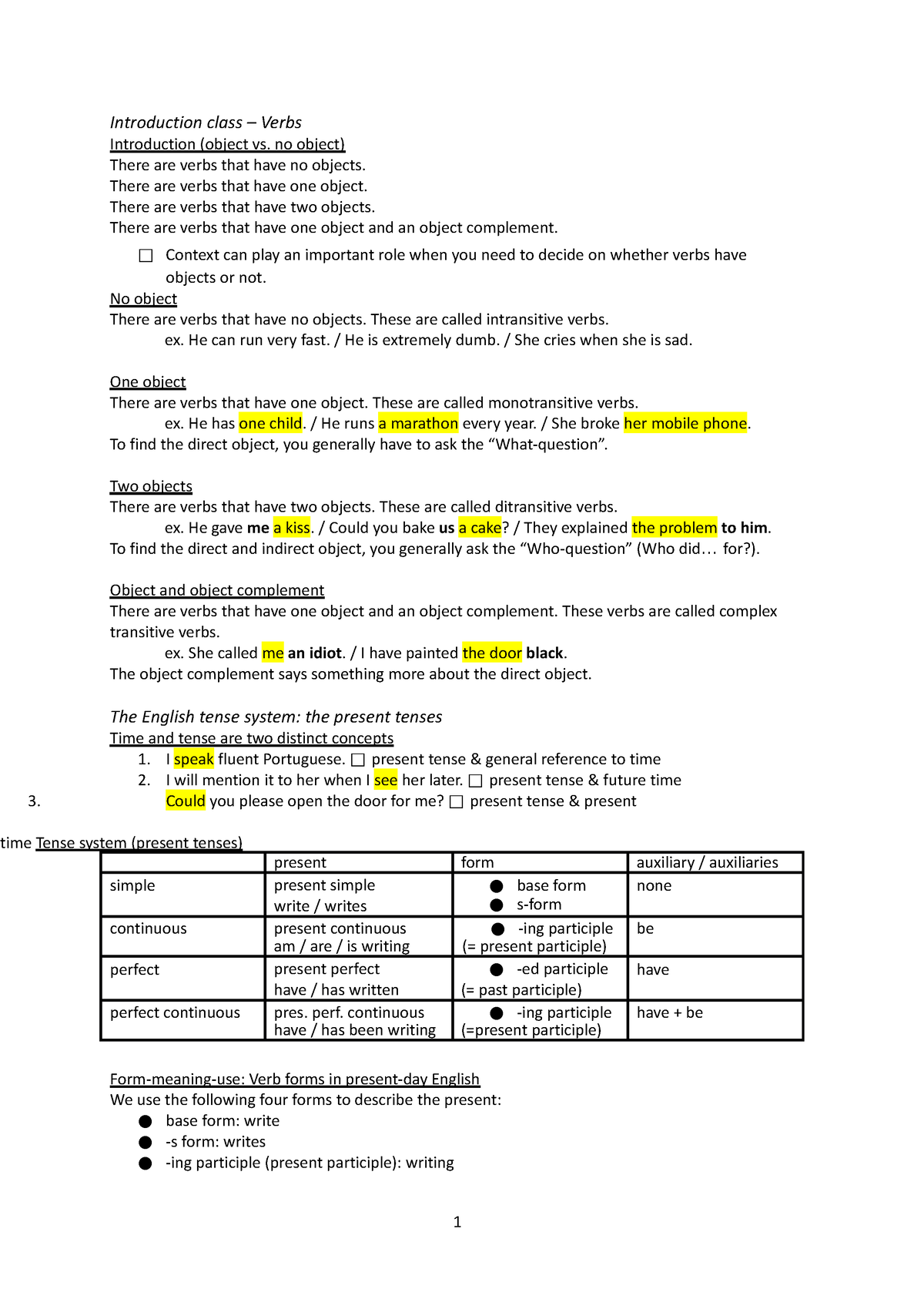 English grammar samenvatting - 1 Introduction class – Verbs ...