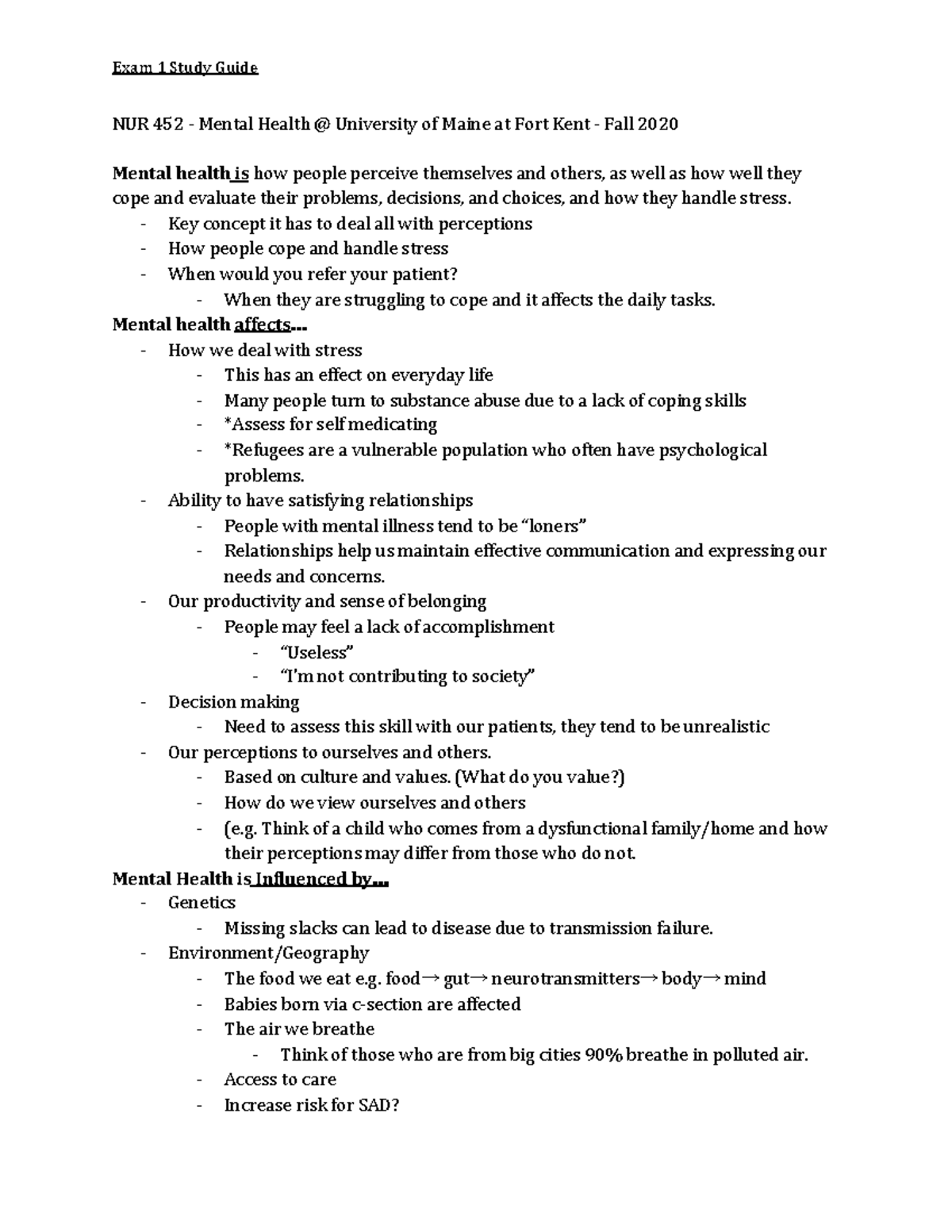 Mental Health Exam 1 Study Guide NUR 452 Mental Health University