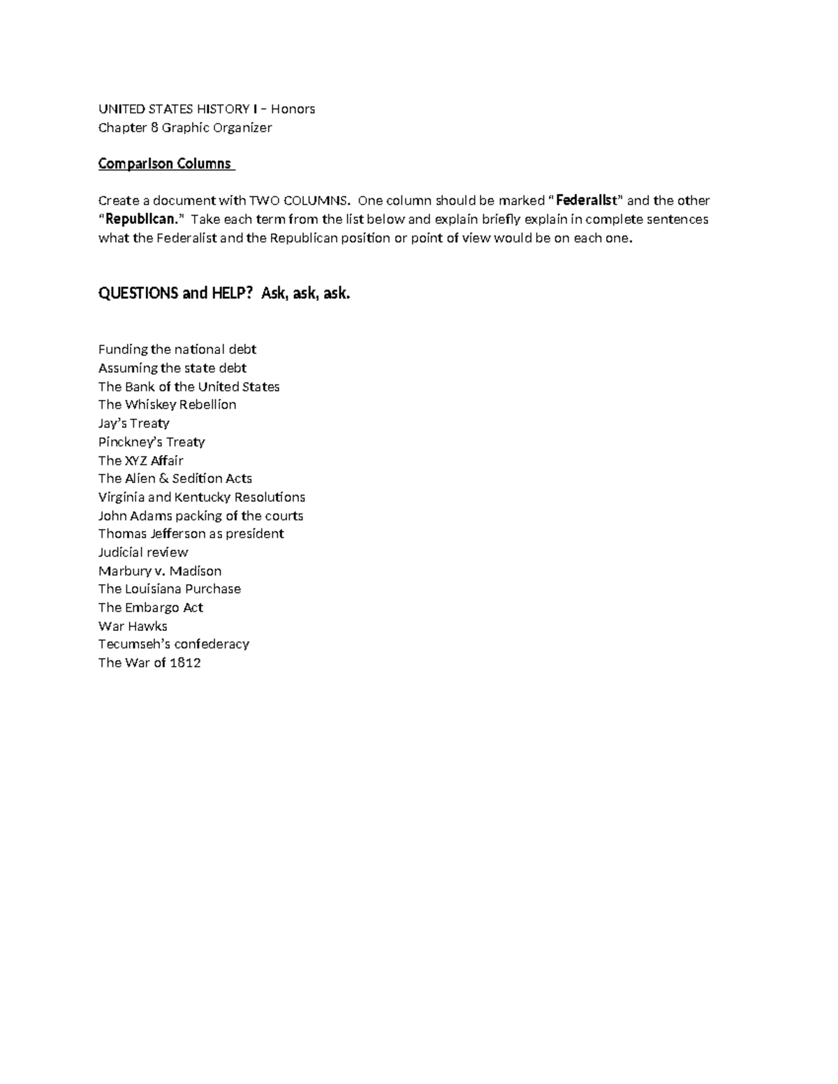 Honors+Ch+8+Worksheet - UNITED STATES HISTORY I – Honors Chapter 8 ...