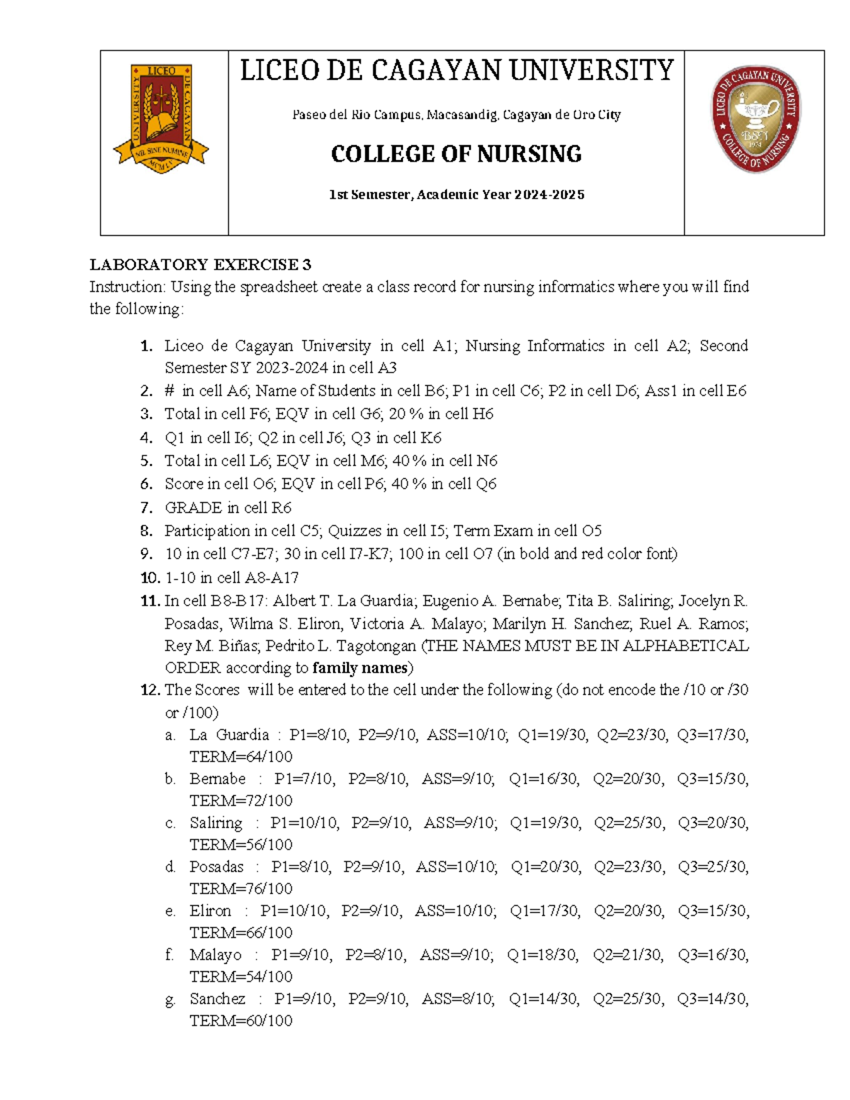 Boncales BJ Lab Exercise No LICEO DE CAGAYAN UNIVERSITY Paseo del Rio