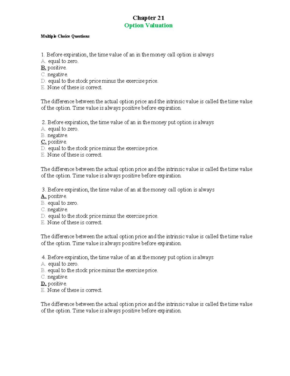 Ch21 Option Valuation - Quiz solutions for first assignment chapter 20 ...