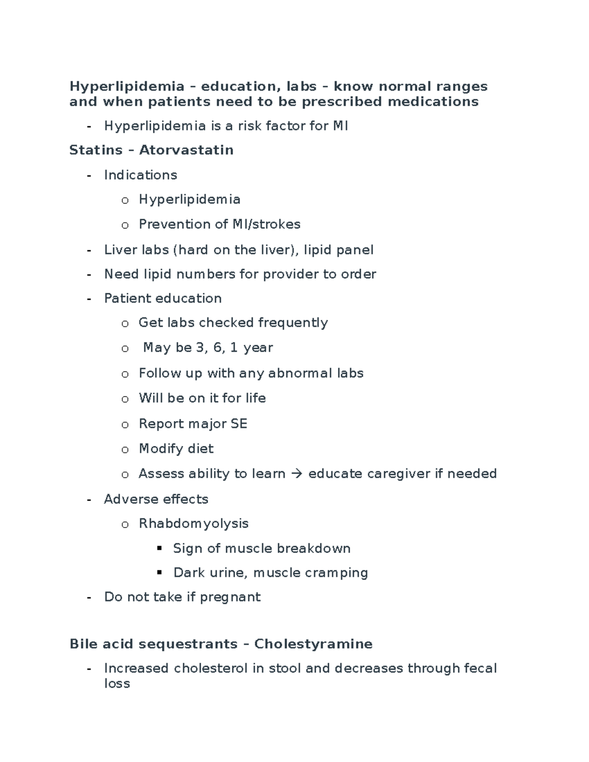 Pharm note 1 lecture notes Hyperlipidemia education, labs know