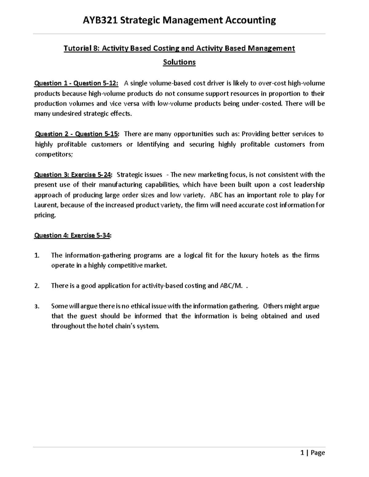 Tutorial 8 BB Solutions AYB321 - AYB321 Strategic Management Accounting ...
