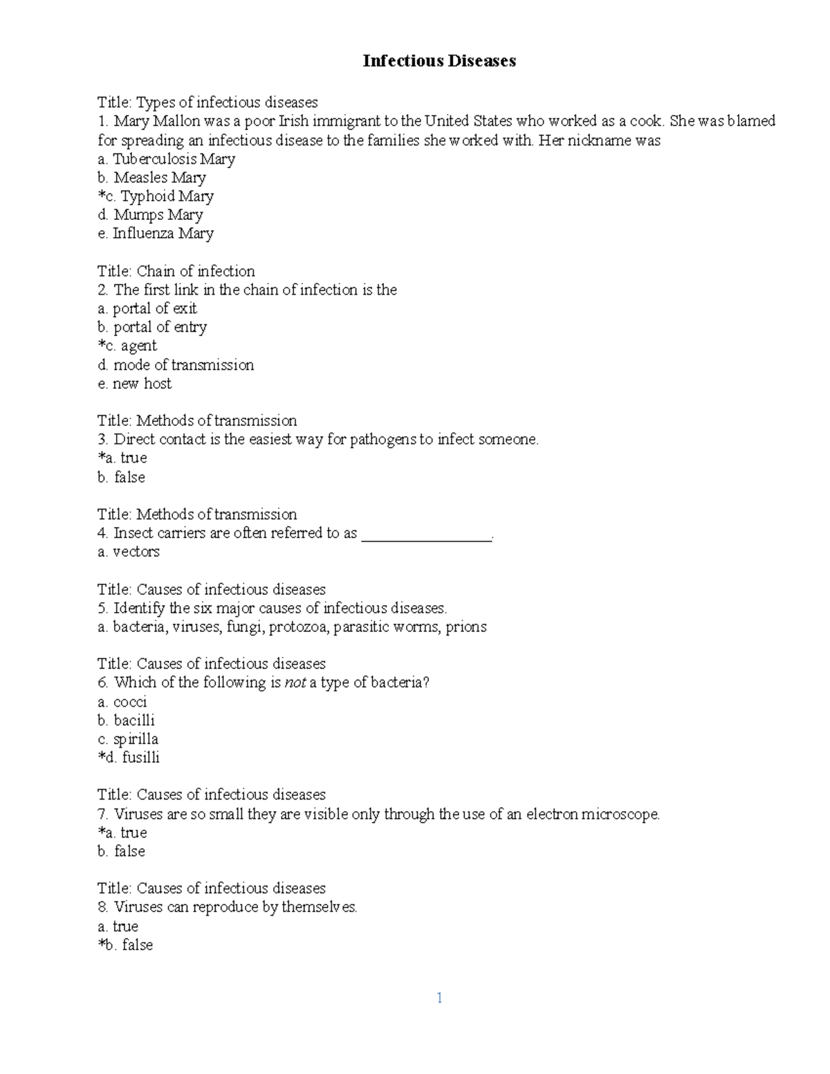 Infectious-Chronic-Disease-Questions - Infectious Diseases Title: Types ...