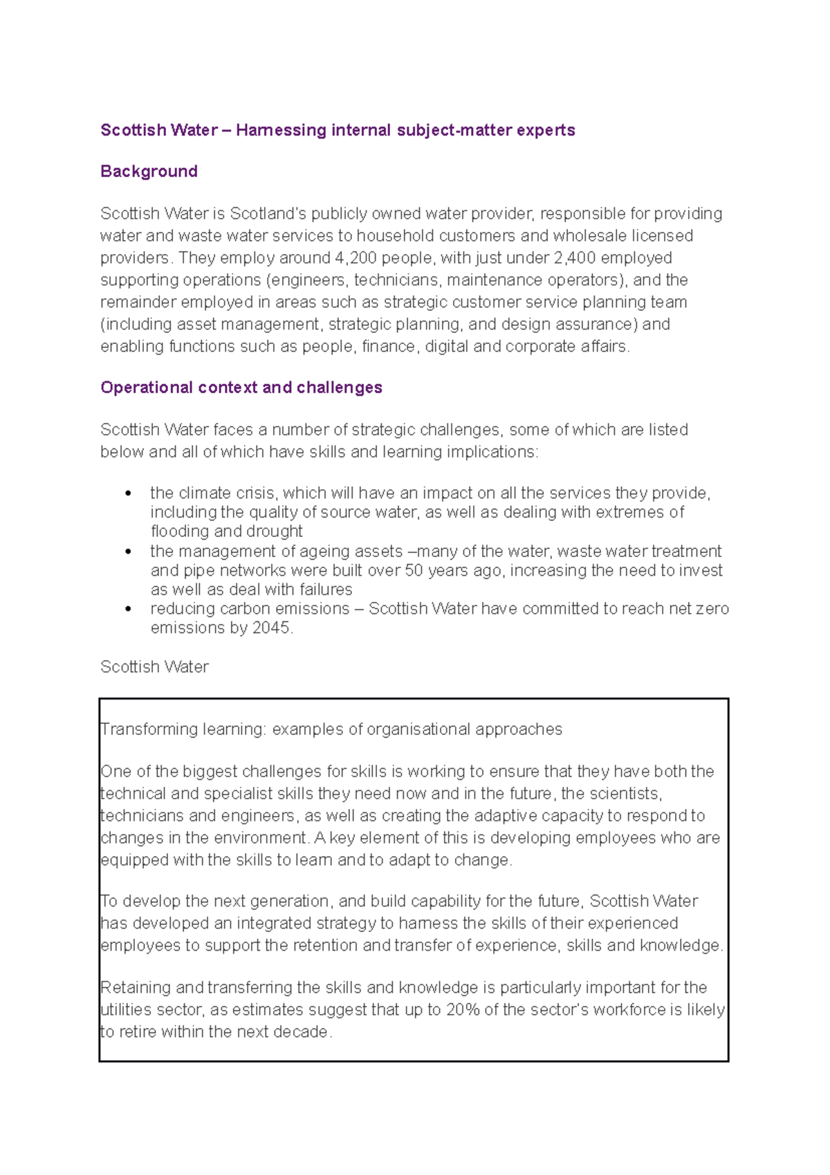 Case Study Scottish Water Scottish Water Harnessing internal