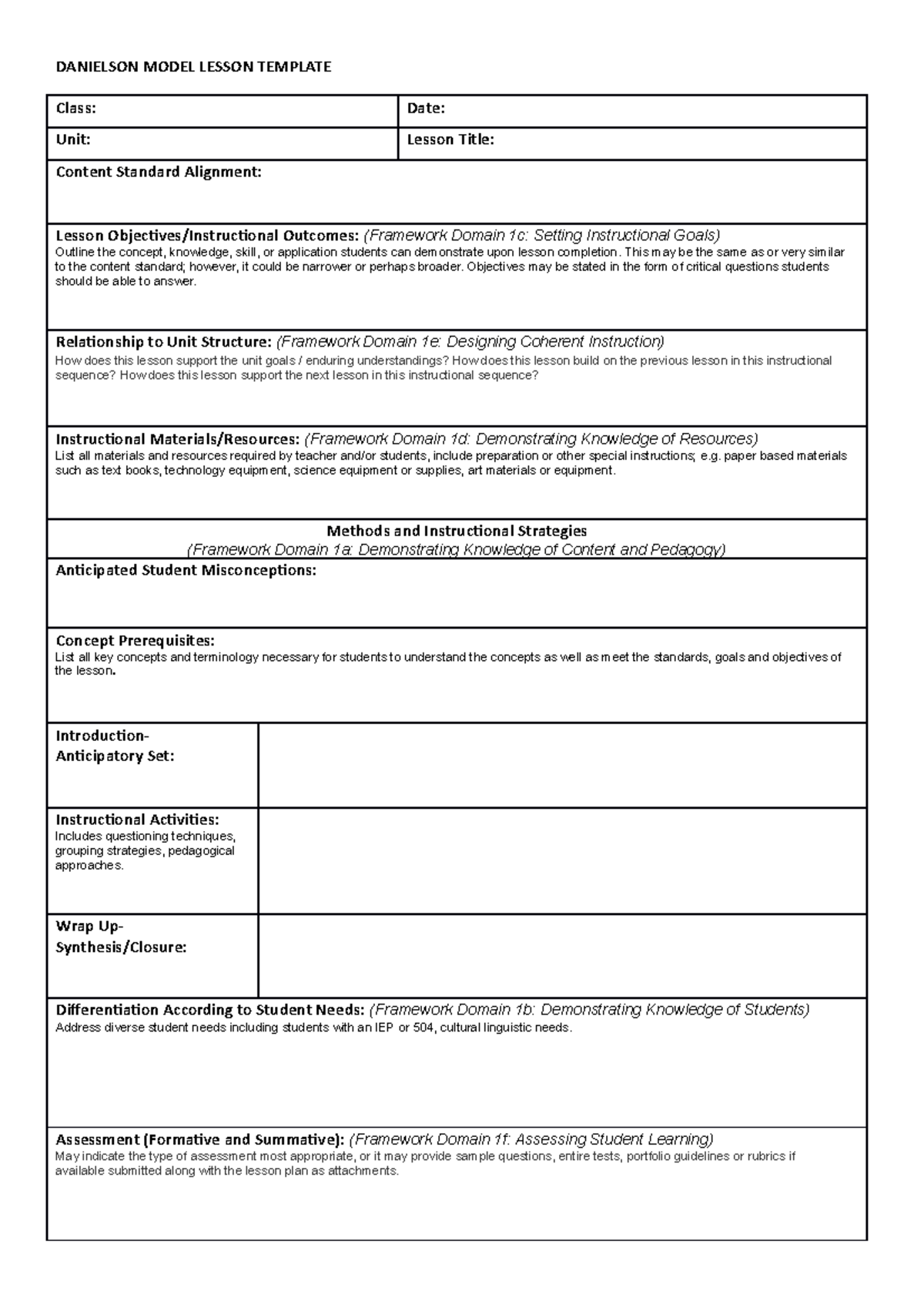 Danielson Model Lesson Plan Template 1 Edu12 StuDocu