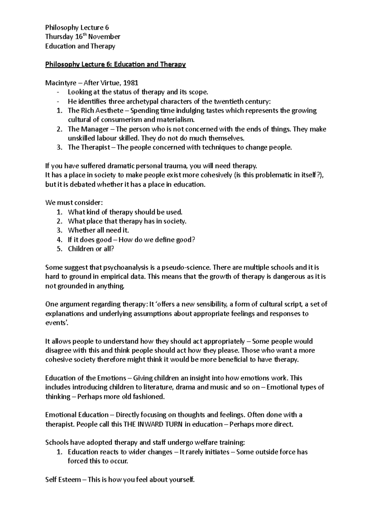Philosophy Lecture 6 - n/a - Philosophy Lecture 6 Thursday 16th ...