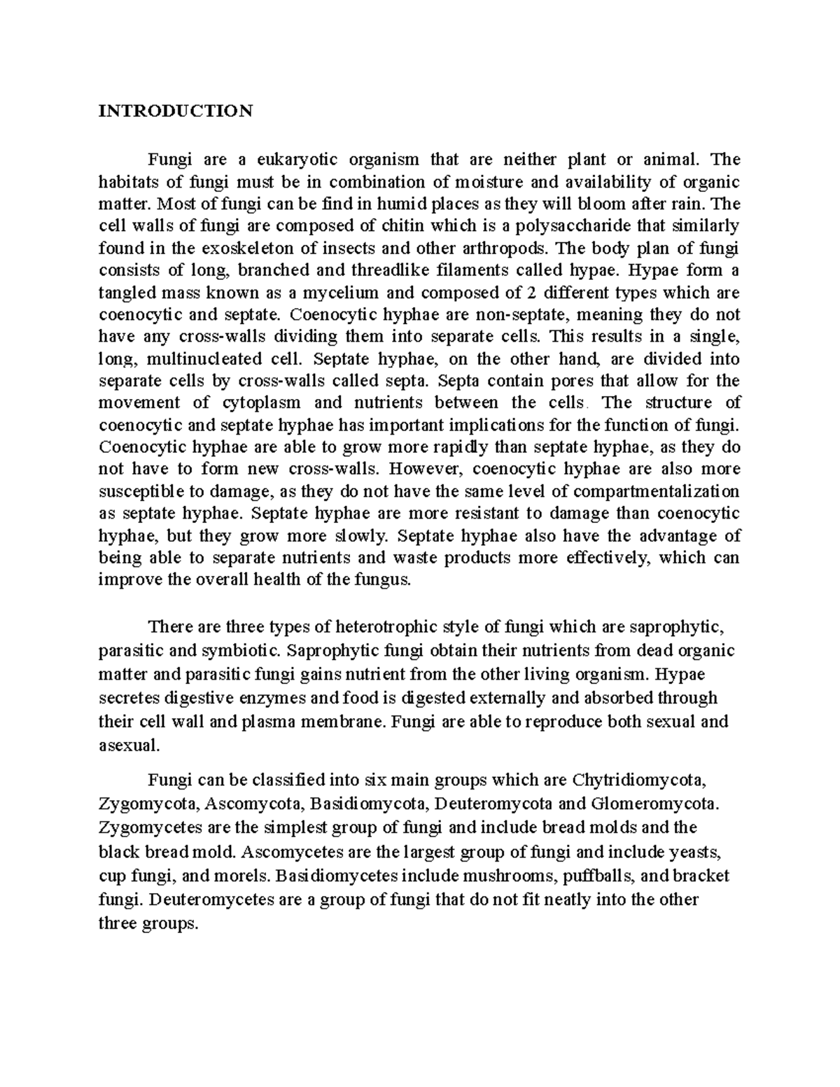Intro lab 3 - lab report discussion - INTRODUCTION Fungi are a ...