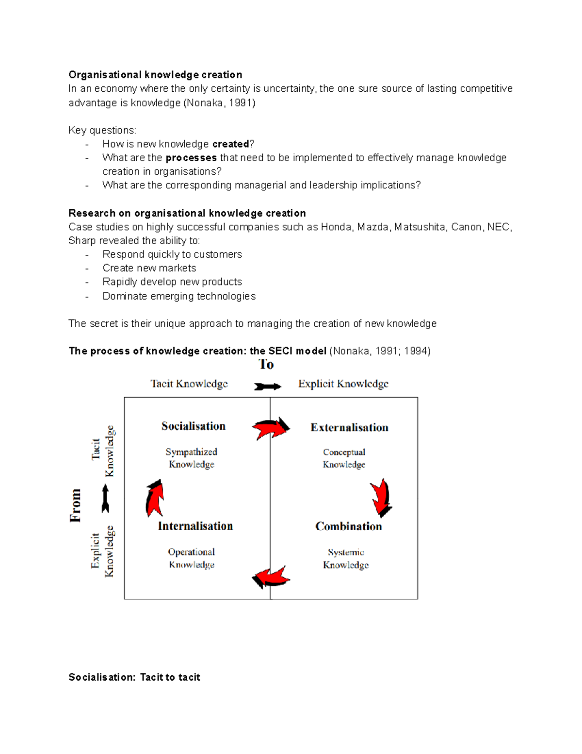 W7L10 - Knowledge Creating Processes in Organisations The SECI Model ...