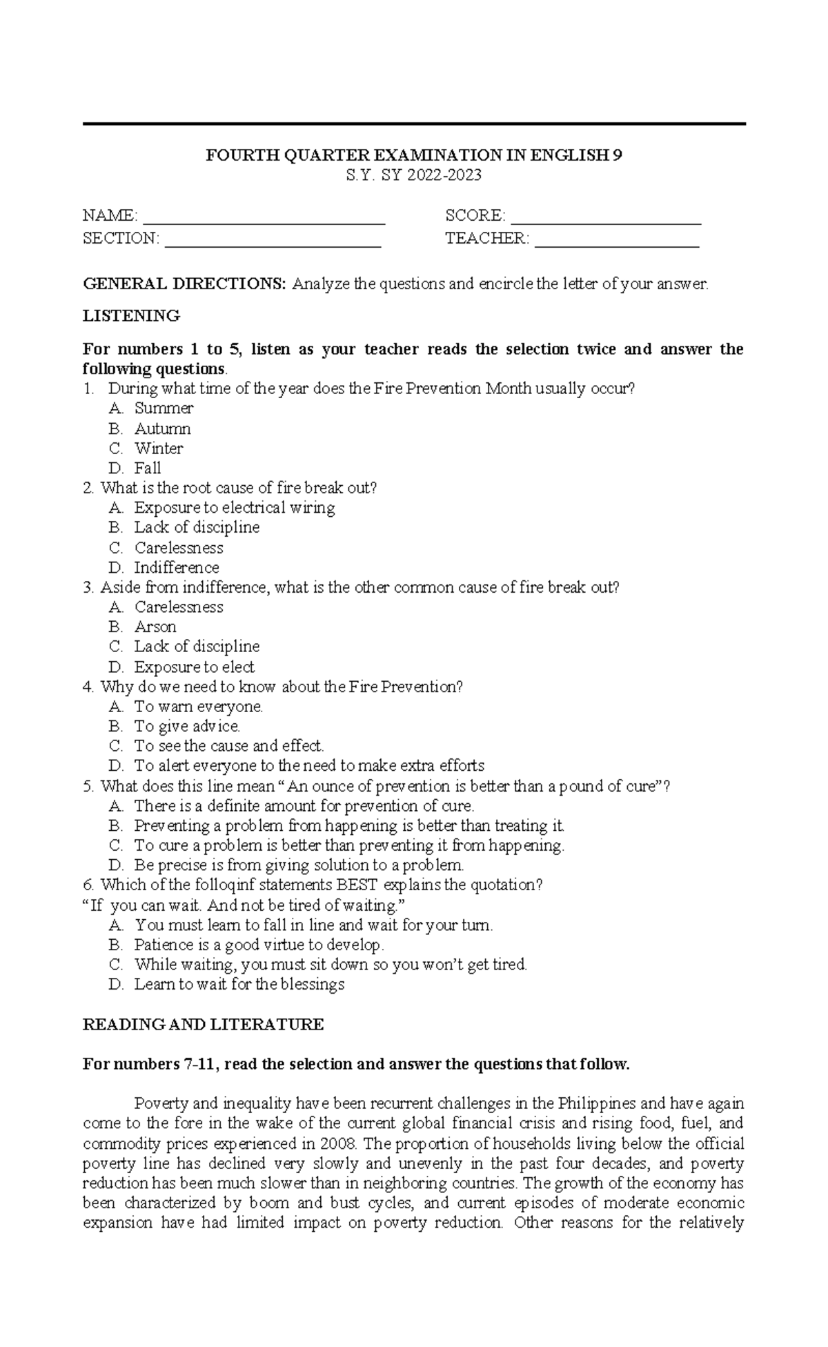 4Q- English-9-PT V2 - Just a sample document - FOURTH QUARTER