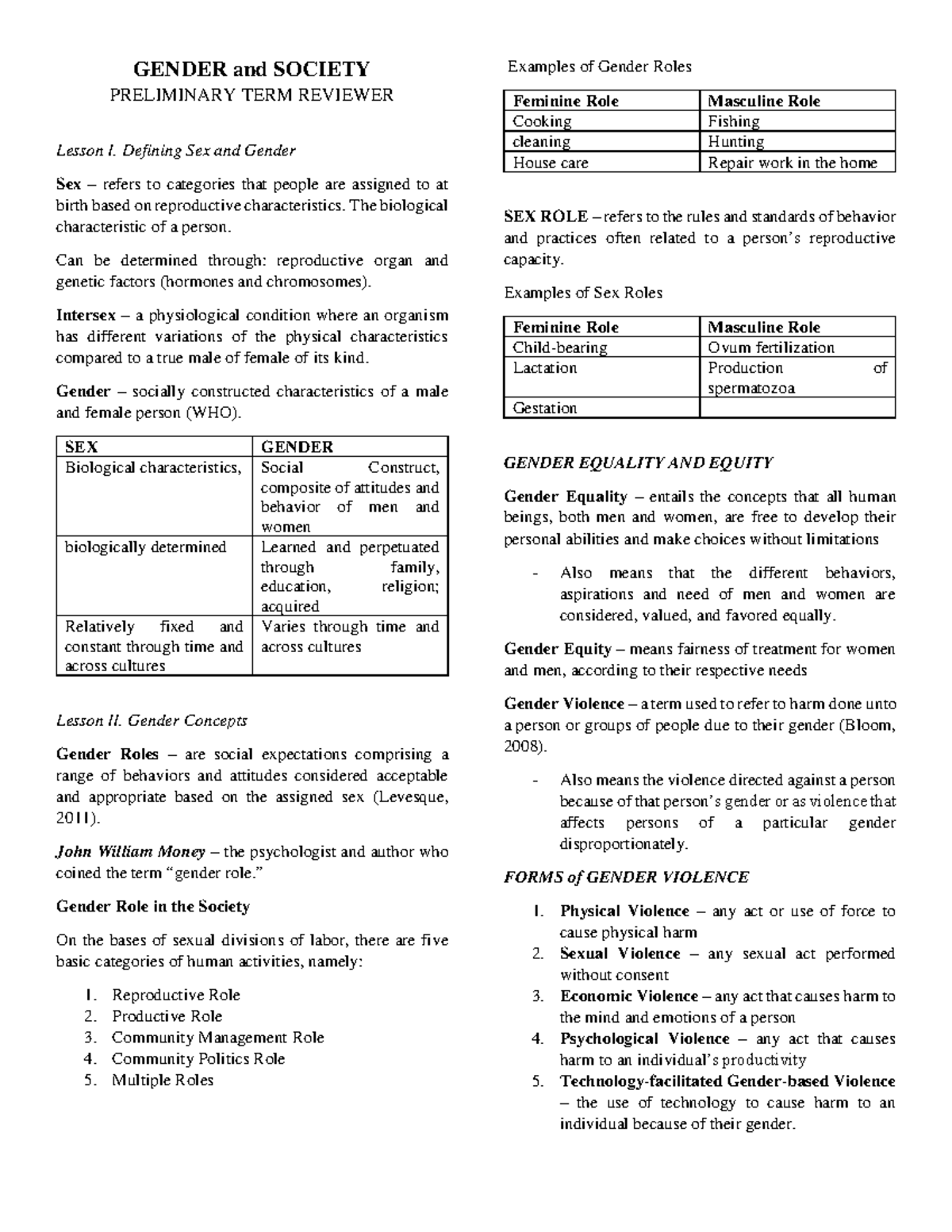 Gns Reviewer Gender And Society Preliminary Term Reviewer Lesson I