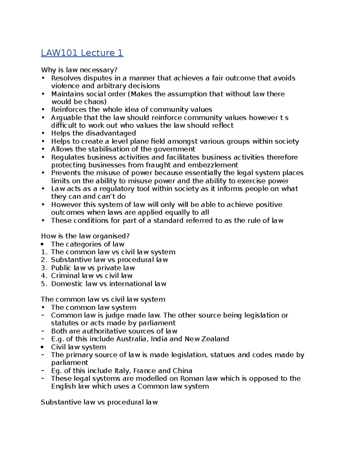 LAW101 Lecture 1 Notes - LAW101 Lecture 1 Why is law necessary ...