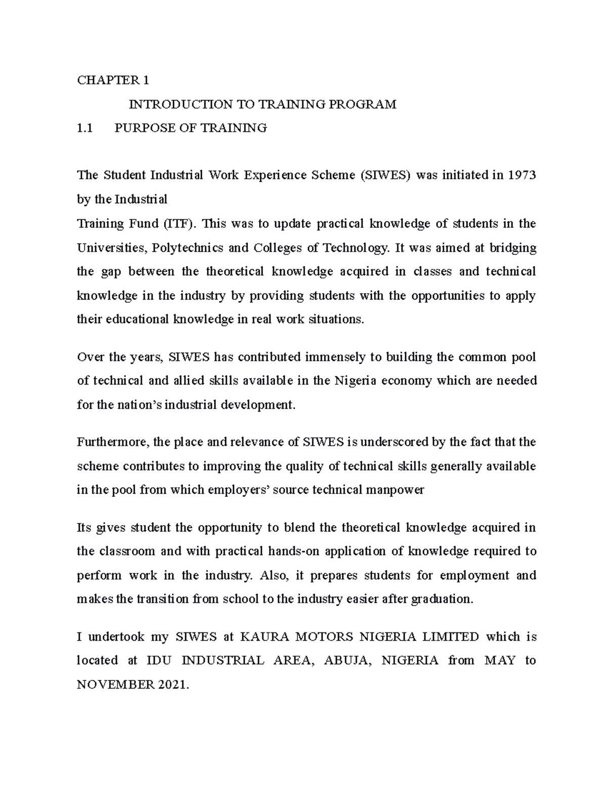 Student Industrial WORK Experience Scheme Technical Report CHAPTER 1