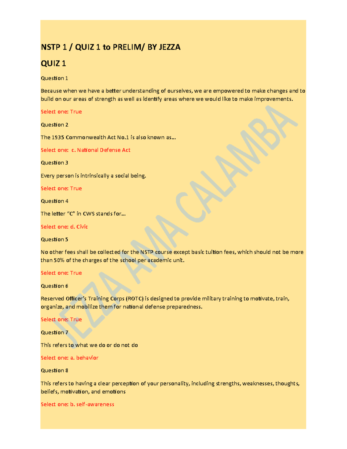 Toaz NSTP Q1 To Prelims - NSTP 1 / QUIZ 1 To PRELIM/ BY JEZZA QUIZ 1 ...