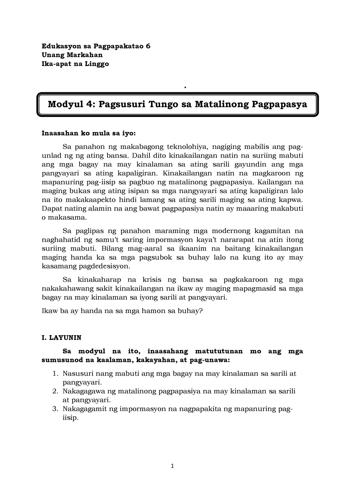 Es P 6 Q1 W4 Mod4 Pagsusuri Tungo Sa Matalinong Pagpapasya - Edukasyon ...