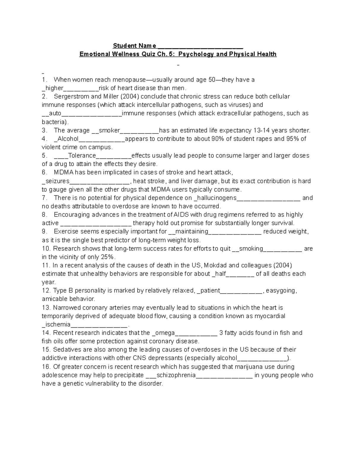 CH. 5Done - Chapter 5 quiz with answers - Student Name Emotional ...
