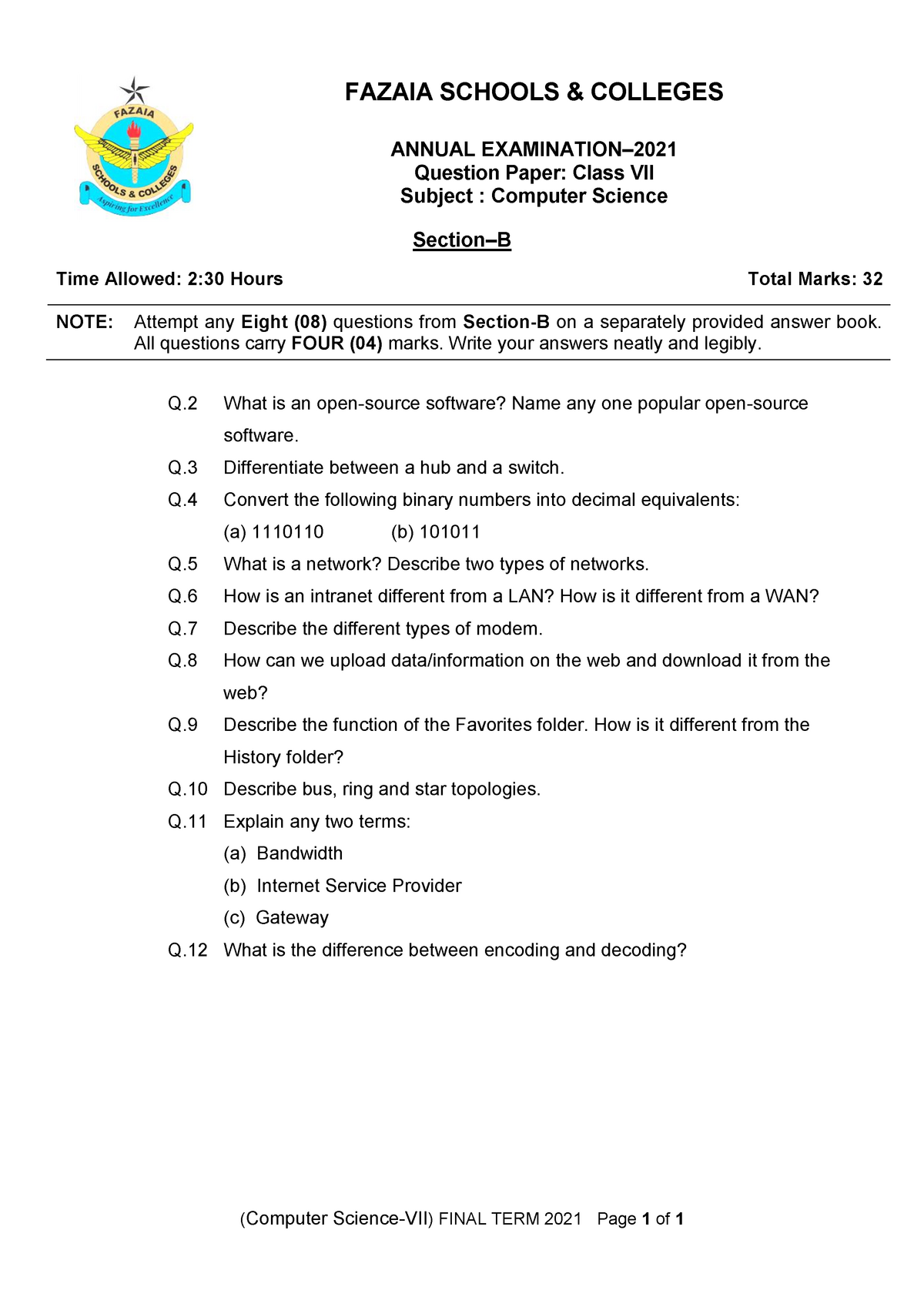 Computer - Sec - B - Class 7 - (Computer Science-VII) FINAL TERM 2021 ...