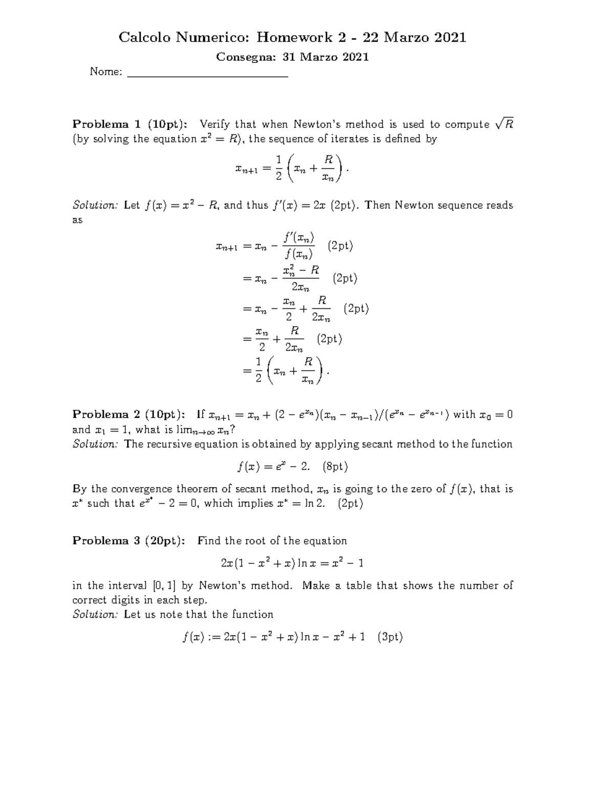 Calculus Home Work 2 sol - Calcolo Numerico: Homework 2 - 22 Marzo 2021 ...