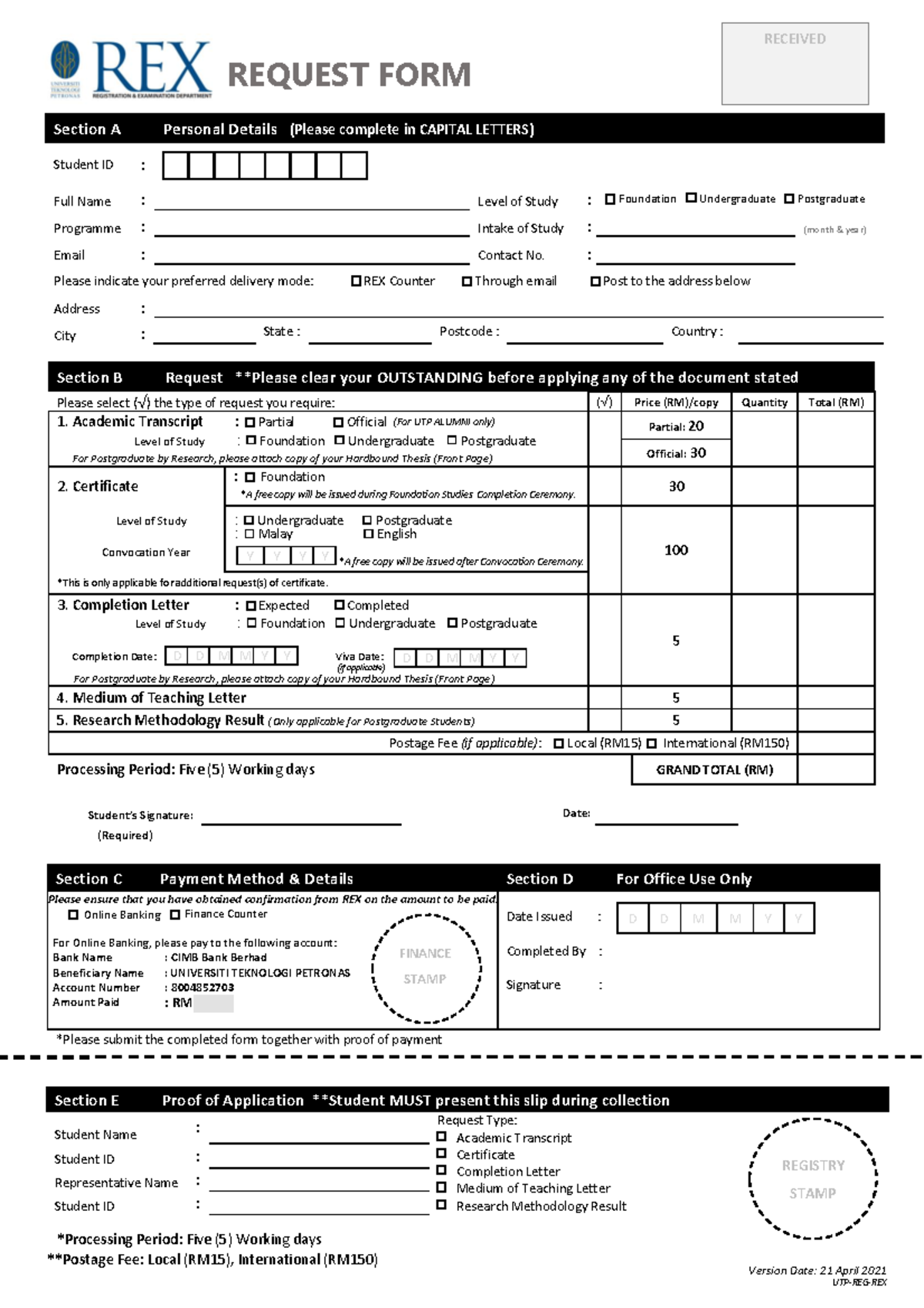 REX Request Form (EForm) 2021 Section A Personal Details (Please