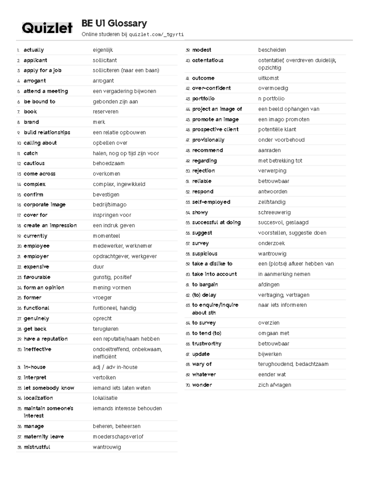 Business English Unit 1 vocabulary - BE U1 Glossary Online studeren bij ...