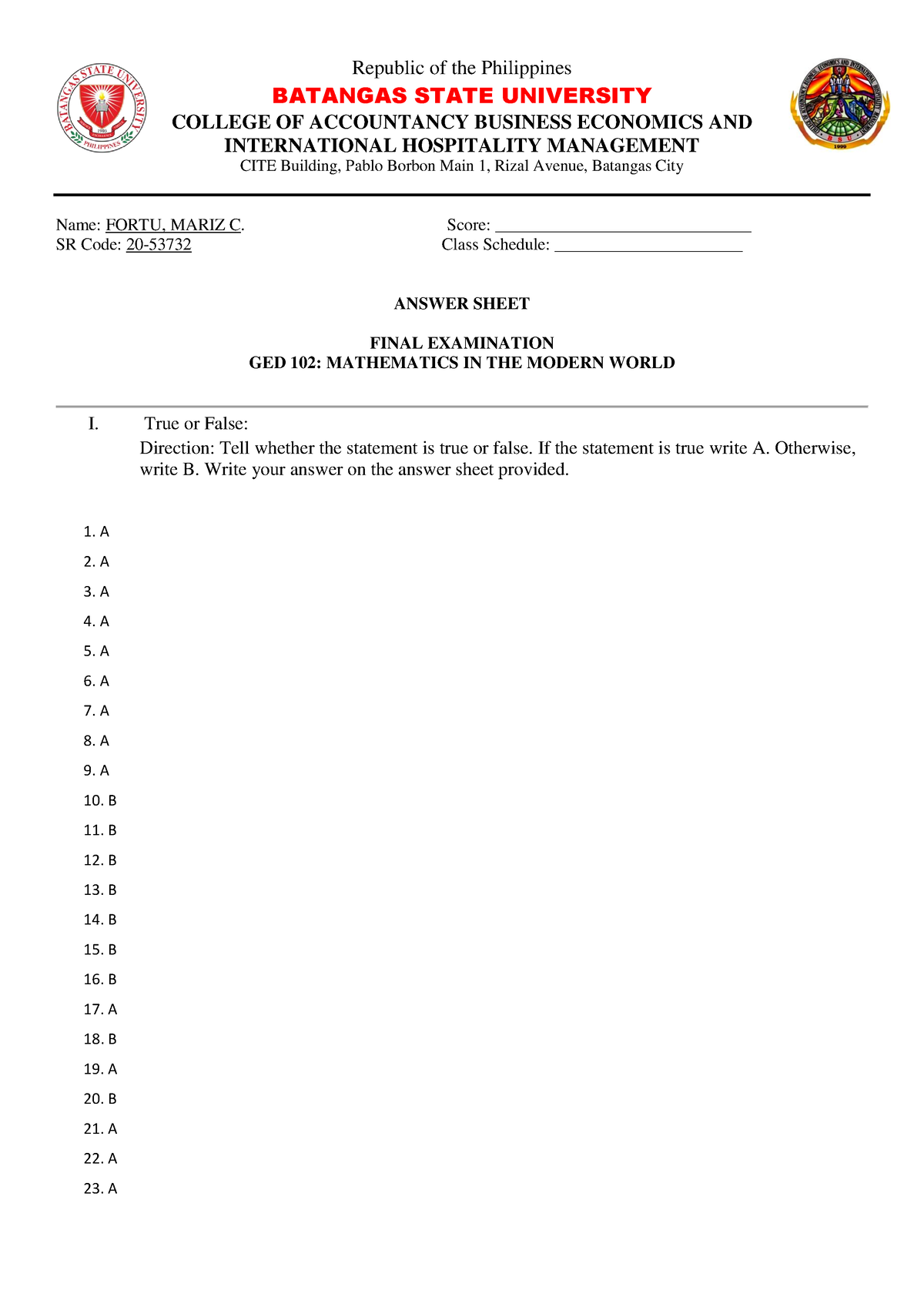 Answer Sheet Final Exam In MMW - Republic Of The Philippines BATANGAS ...