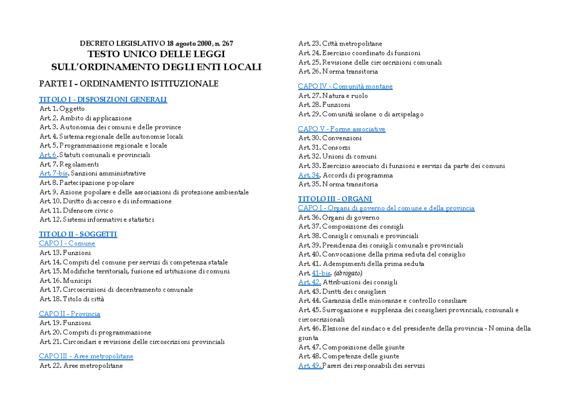 D lgs 267 del 2000 indice - DECRETO LEGISLATIVO 18 agosto 2000, n. 267