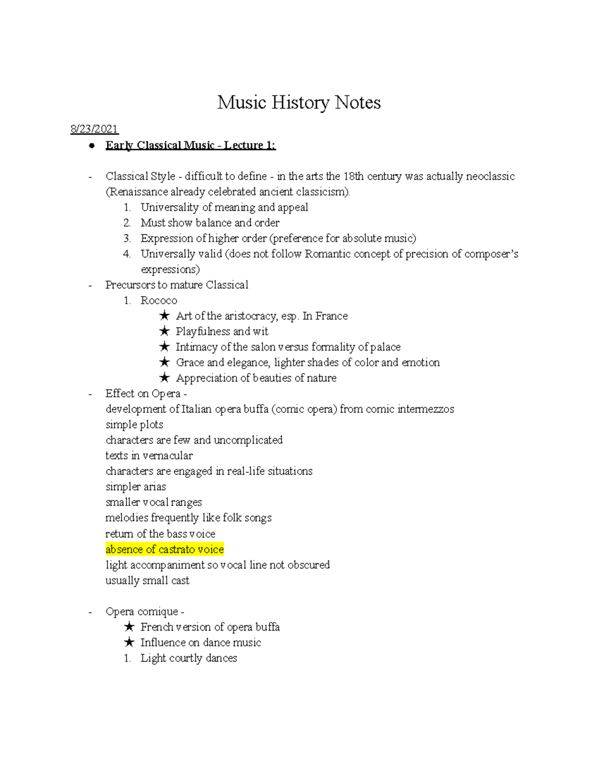 Music History Notes Music History Notes 8/23/ Early Classical Music