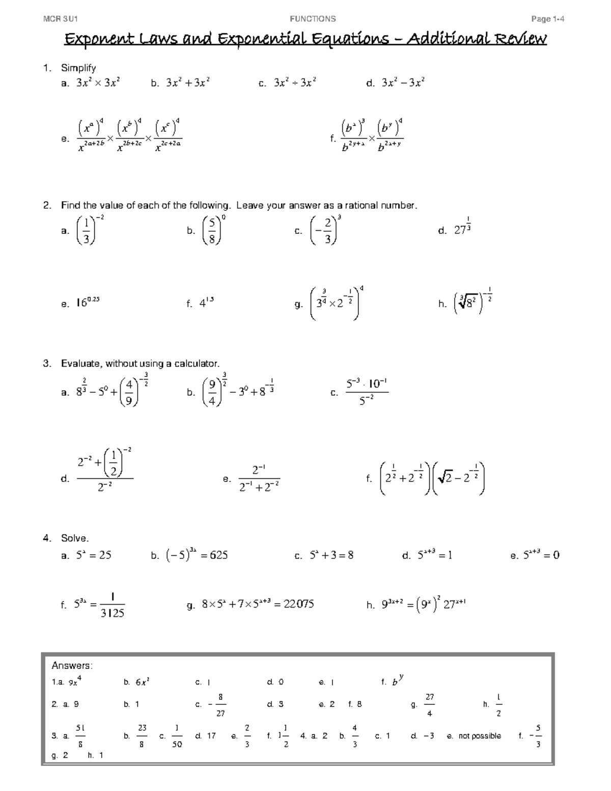 U1 Day 7 - Exponent Laws Additional Review - MCR 3U1 FUNCTIONS Page 1 ...