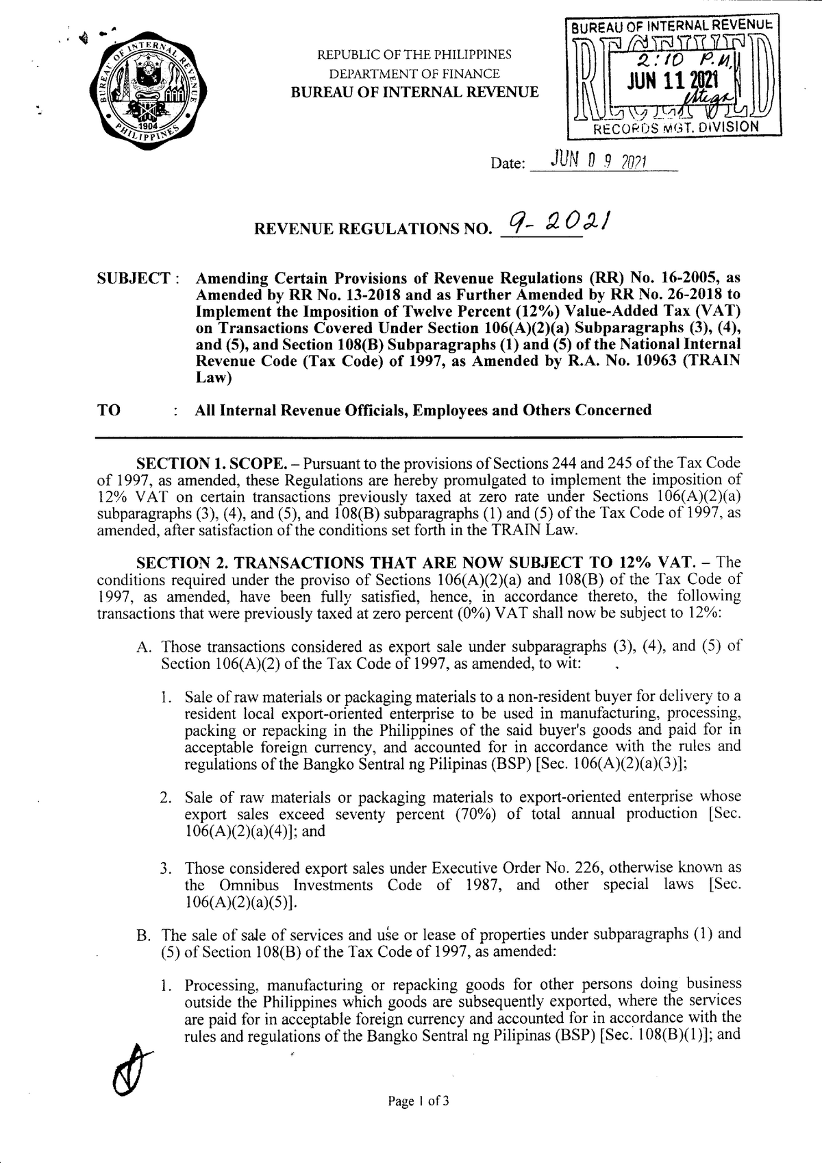 RR 9-2021 Amends Certain Provisions Of RR No. 16-2005 As Amended By RR ...