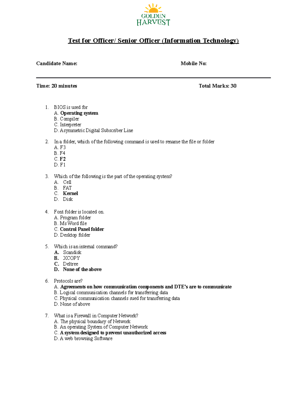 IT Support Quiz adf Test for Senior Officer (Information Technology