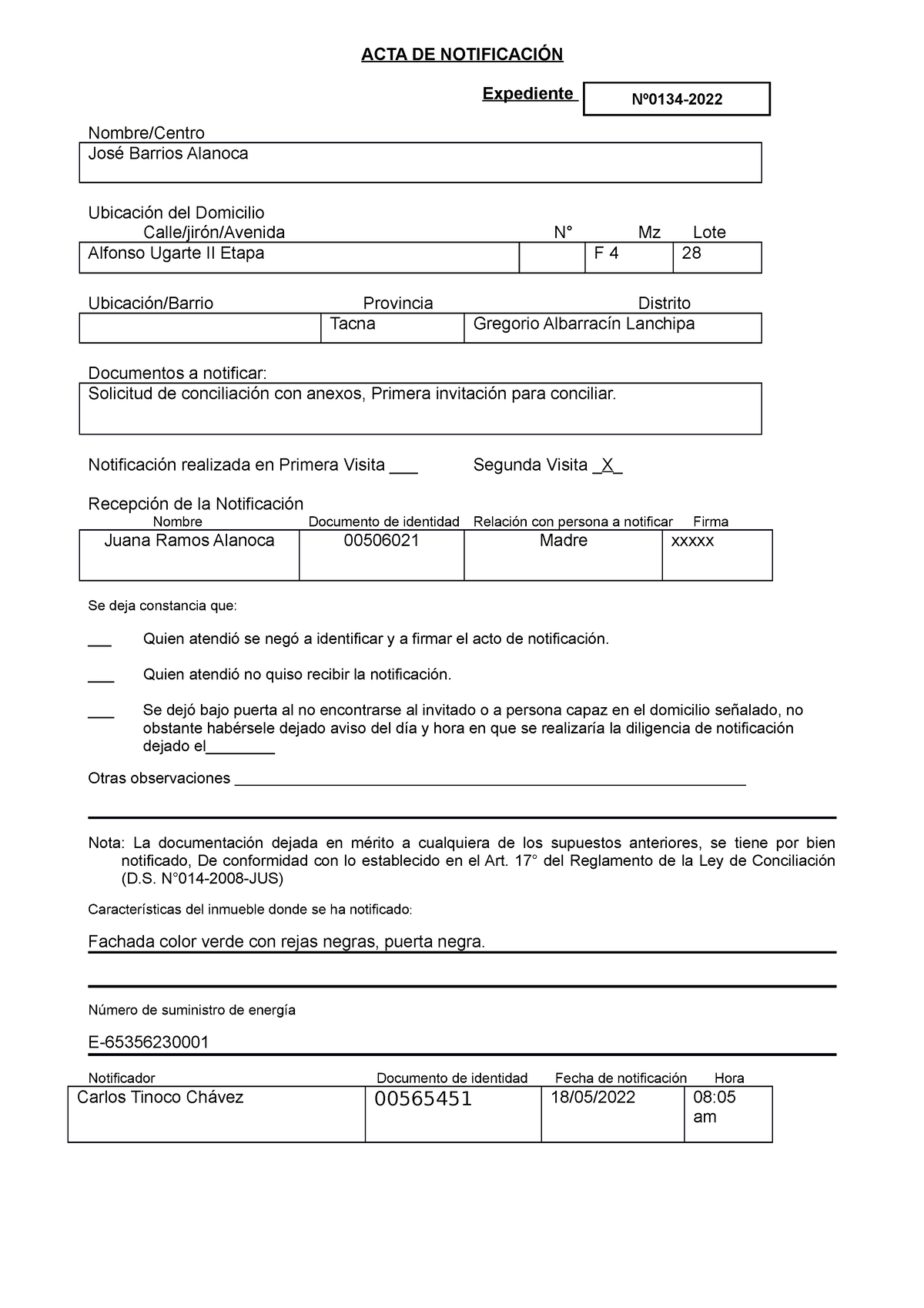 Acta De Notificación Final Acta De NotificaciÓn Expediente Nombrecentro José Barrios Alanoca 0595