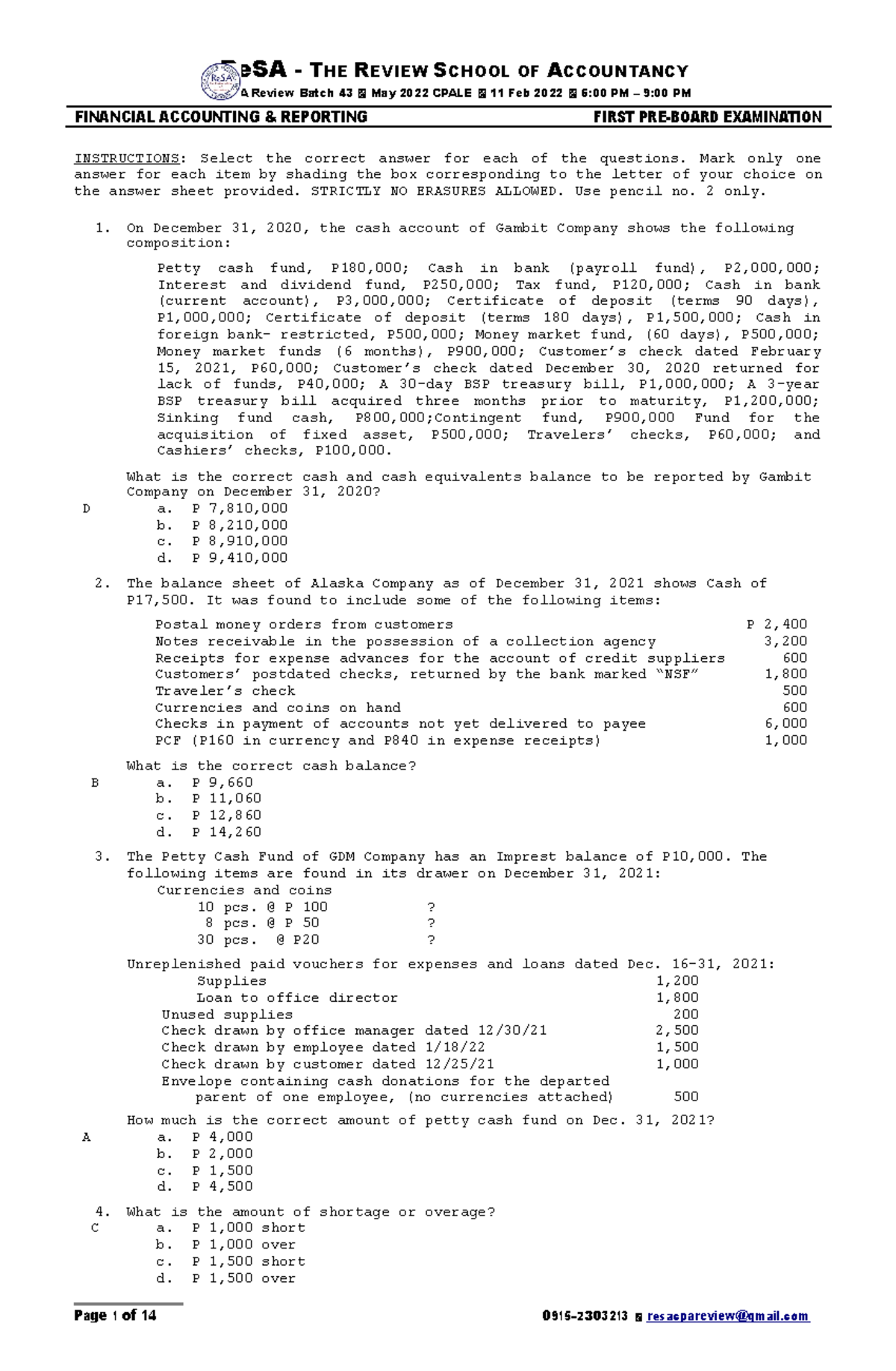 Re SA B43 FAR First PB Exam - Questions, Answers Solutions - ReSA - THE ...