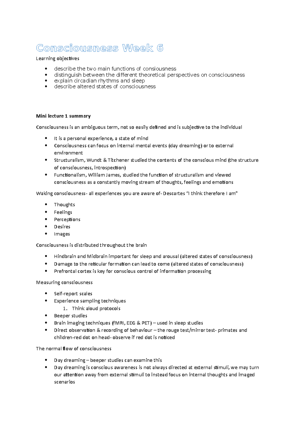 Consciousness Week 6 - Lecture notes & learning objectives ...