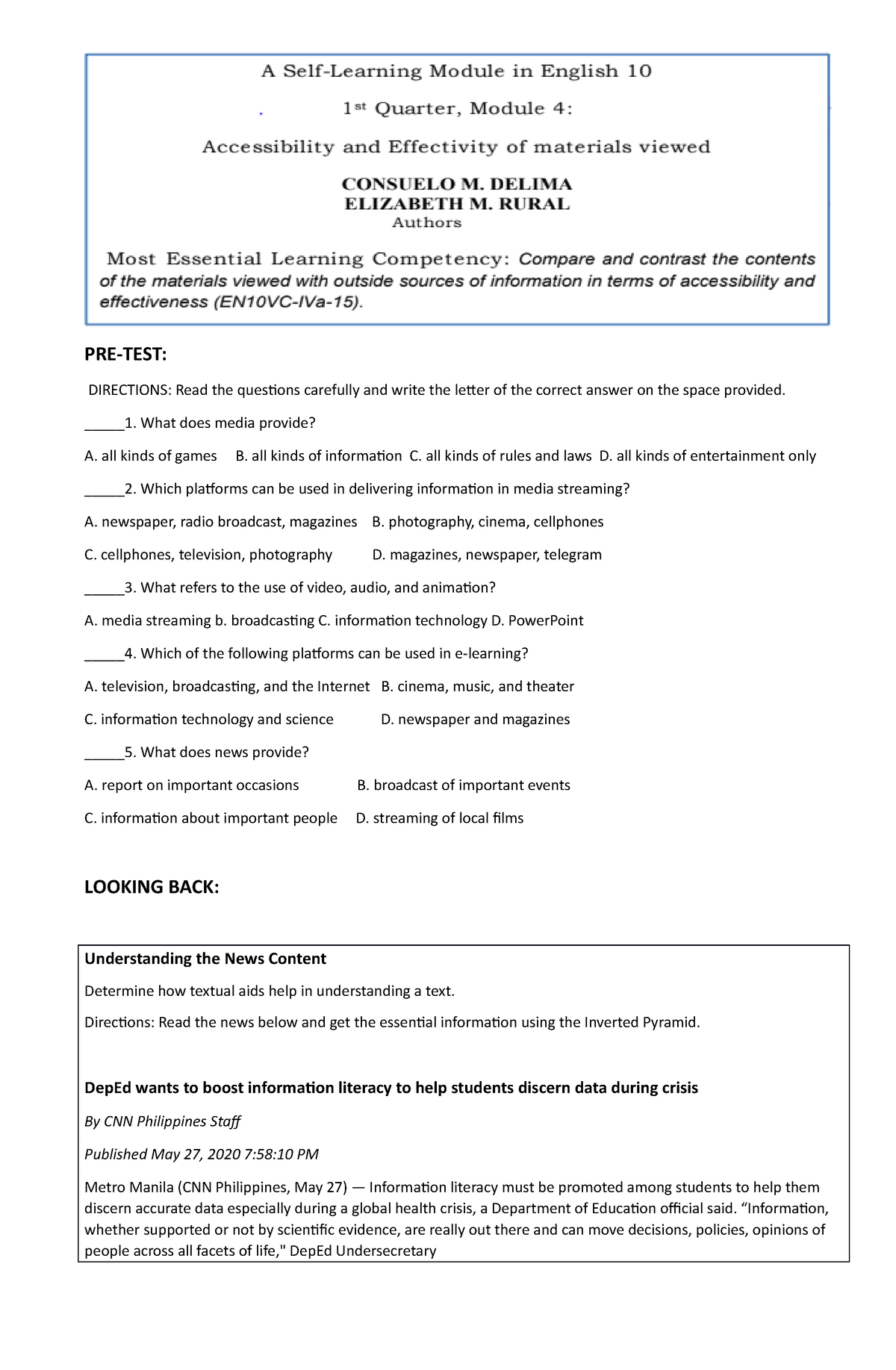 G10-Q1- Module 4 - B,ljhgkgmdg - PRE-TEST: DIRECTIONS: Read The ...