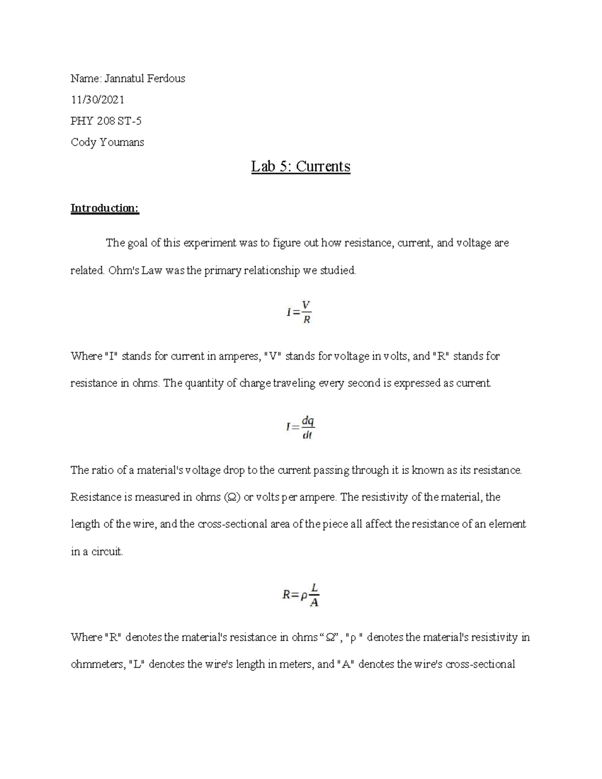 Physics Lab 5 pdf - Name: Jannatul Ferdous 11/30/ PHY 208 ST- Cody ...
