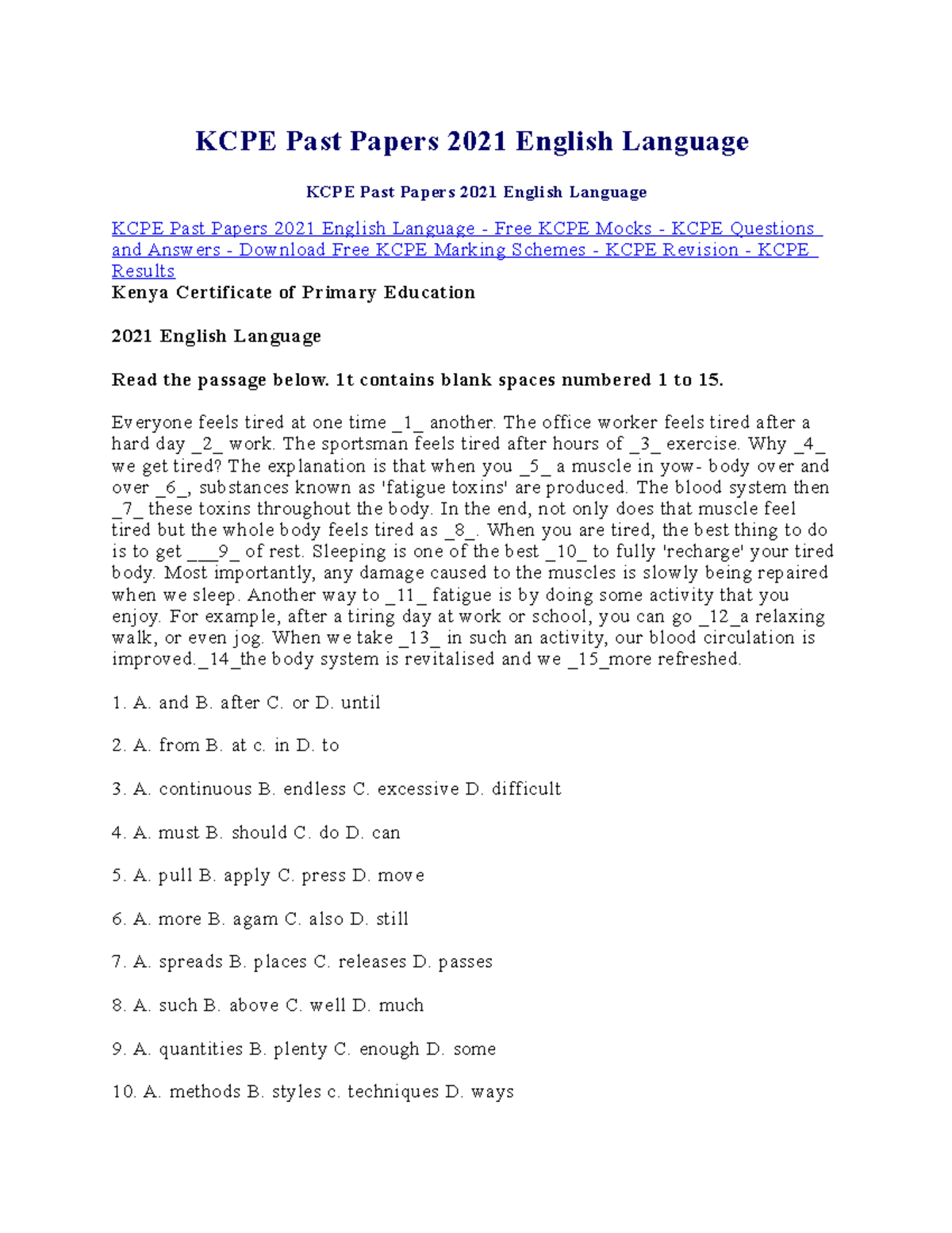 KCPE Past Papers 2021 English Language - 1t Contains Blank Spaces ...