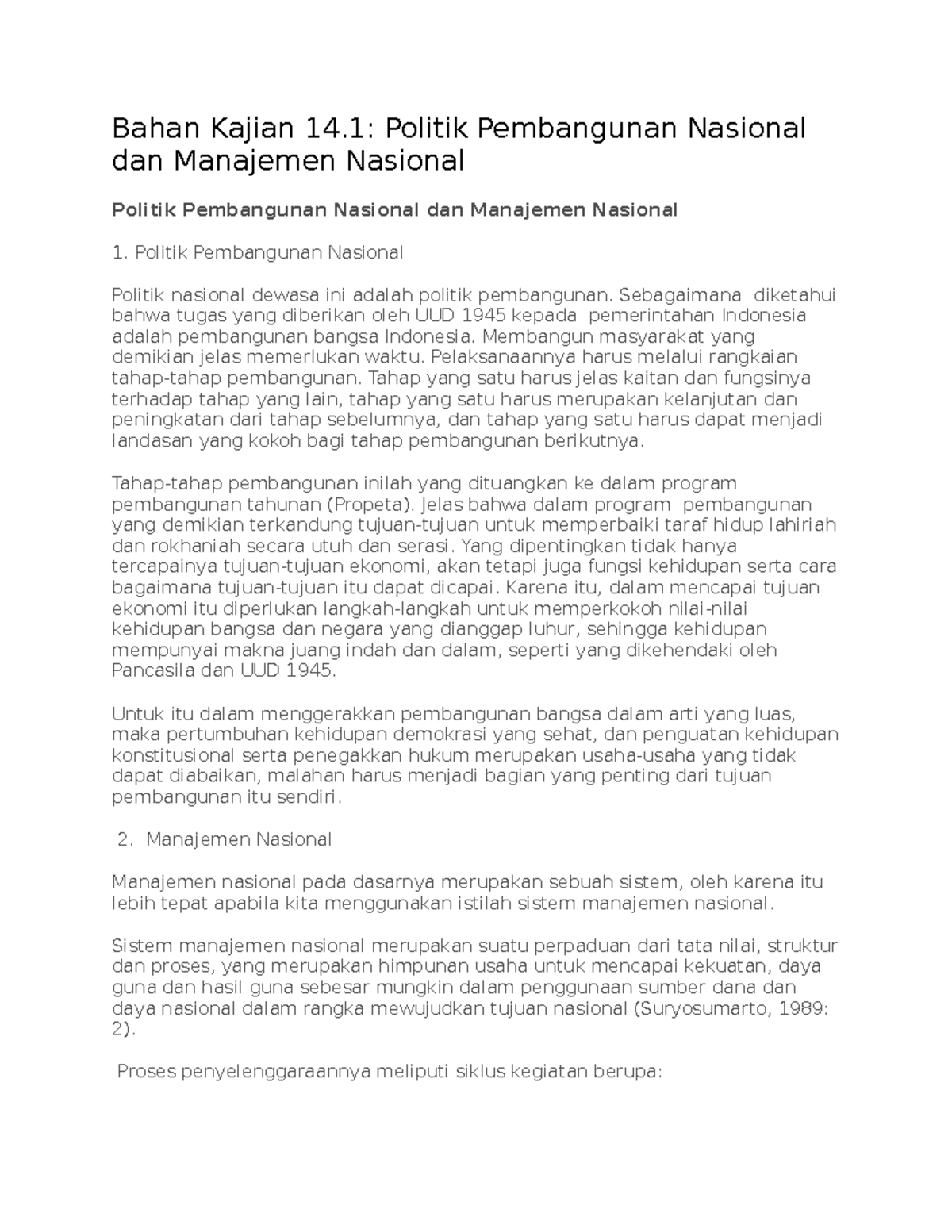 Politik Pembangunan Nasional dan Manajemen Nasional Bahan Kajian 14 Politik Pembangunan