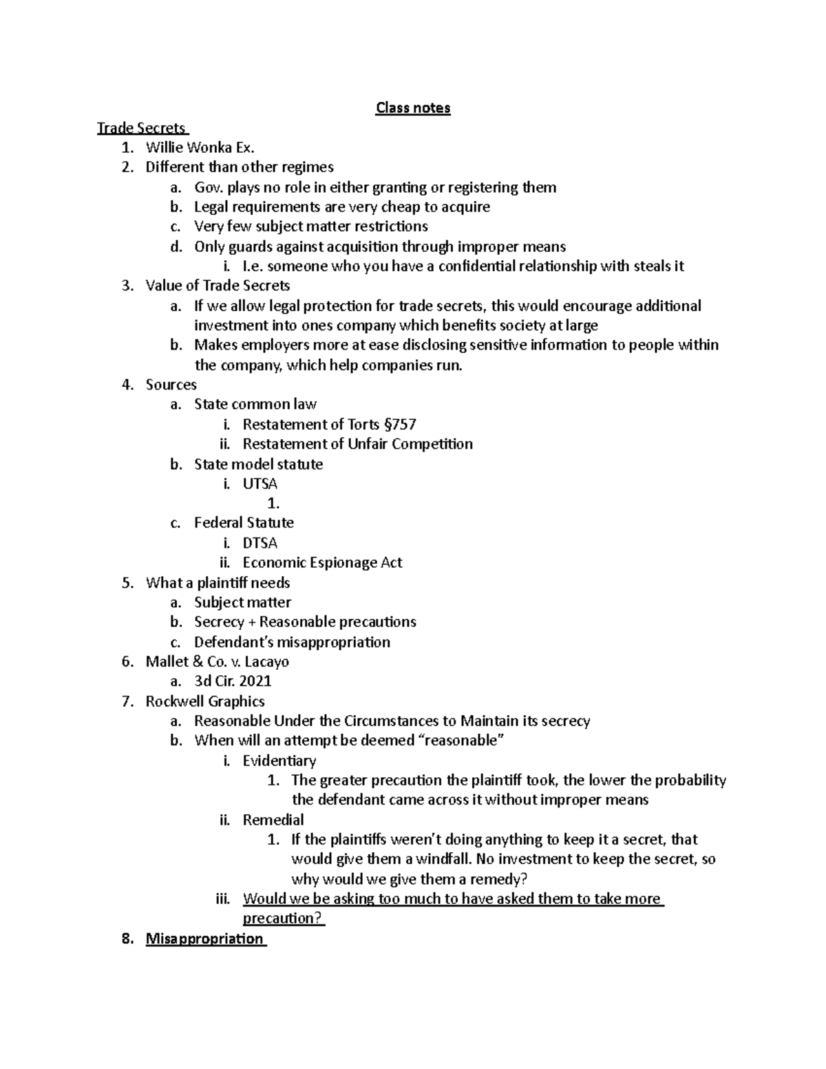 IP Survey Class notes - Class notes Trade Secrets Willie Wonka Ex ...