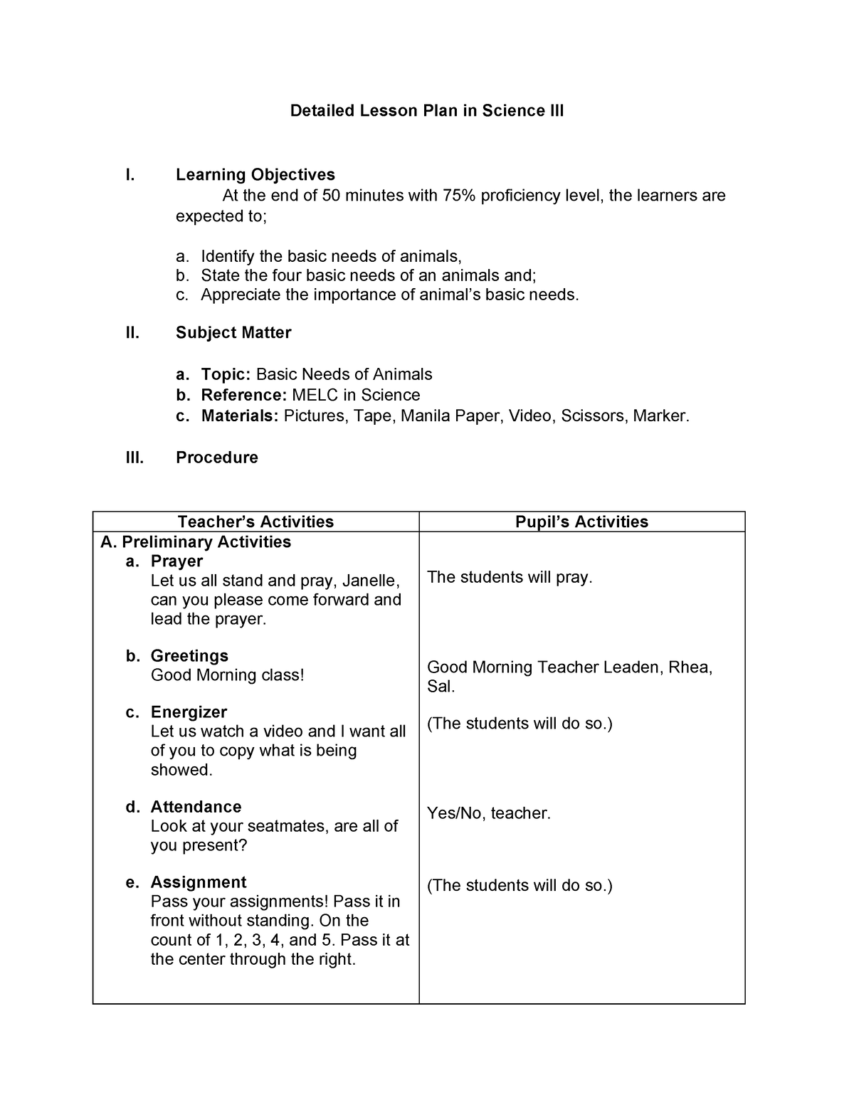 Detailed Lesson Plan In Science III - Learning Objectives At The End Of ...