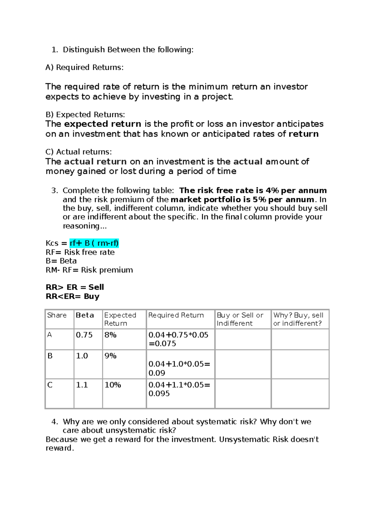 Finance Tutorial - Risk & Return - Distinguish Between the following: A ...