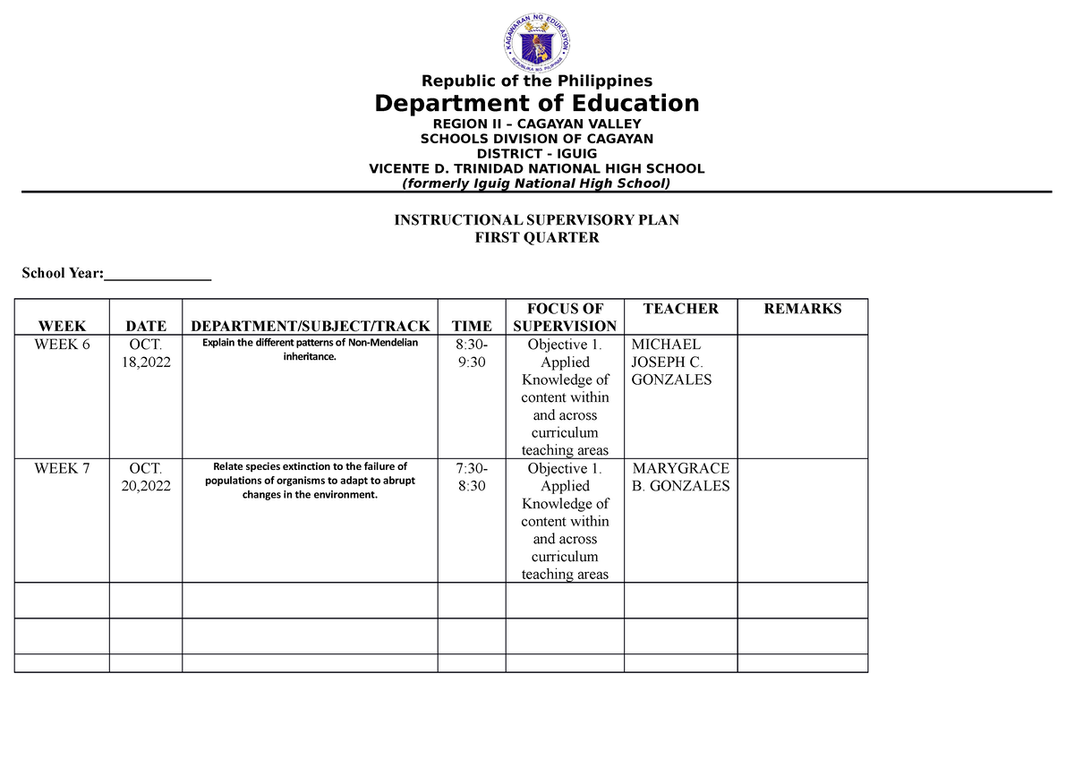 Instructional Supervisory Plan Grace Republic Of The Philippines Department Of Education 1738