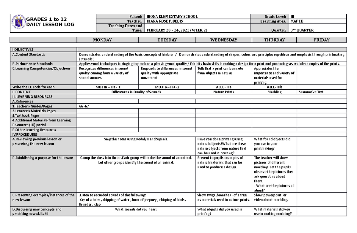 DLL Mapeh 3 Q3 W2 - so interesting - GRADES 1 to 12 DAILY LESSON LOG ...