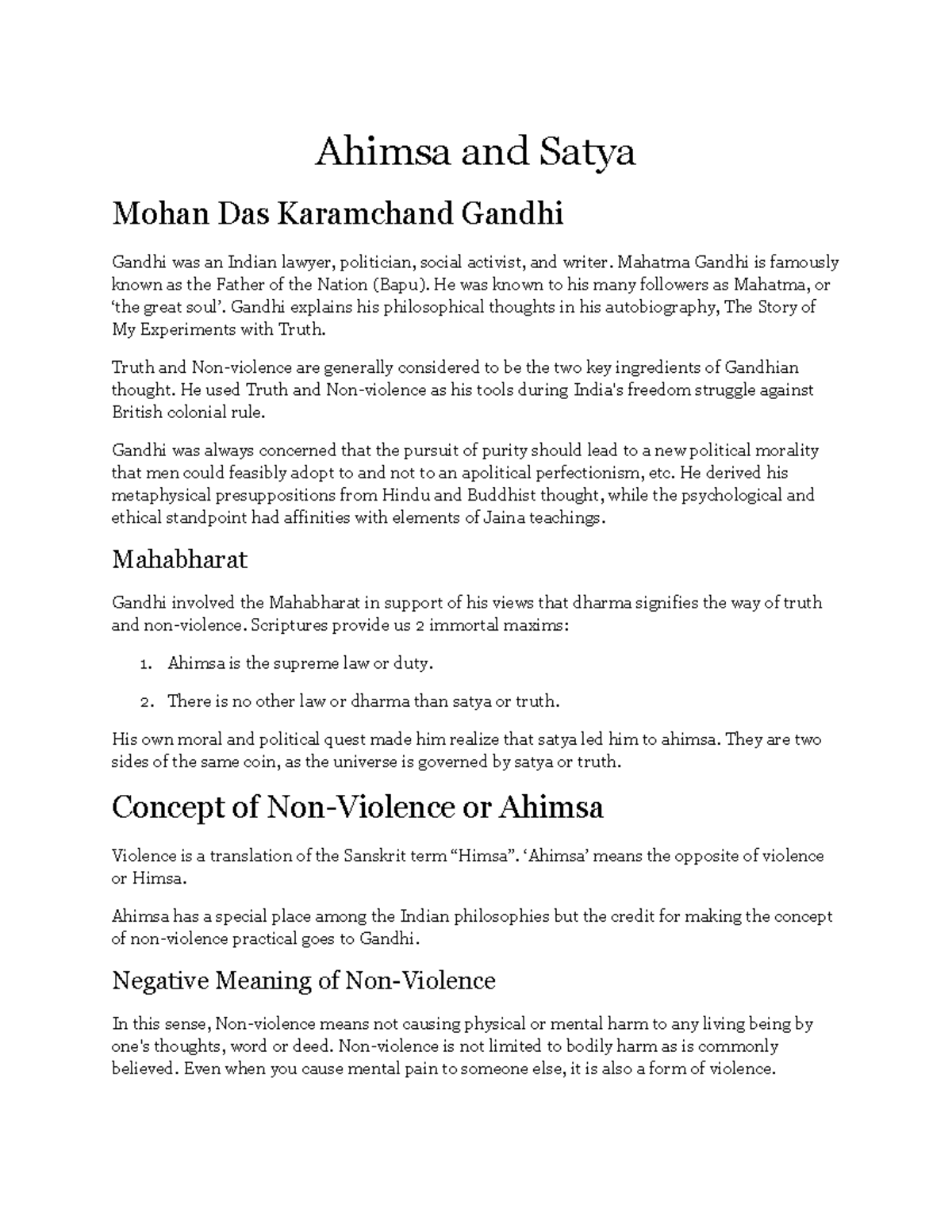 Gandhi - Summary Philosophy Honours - Ahimsa and Satya Mohan Das ...
