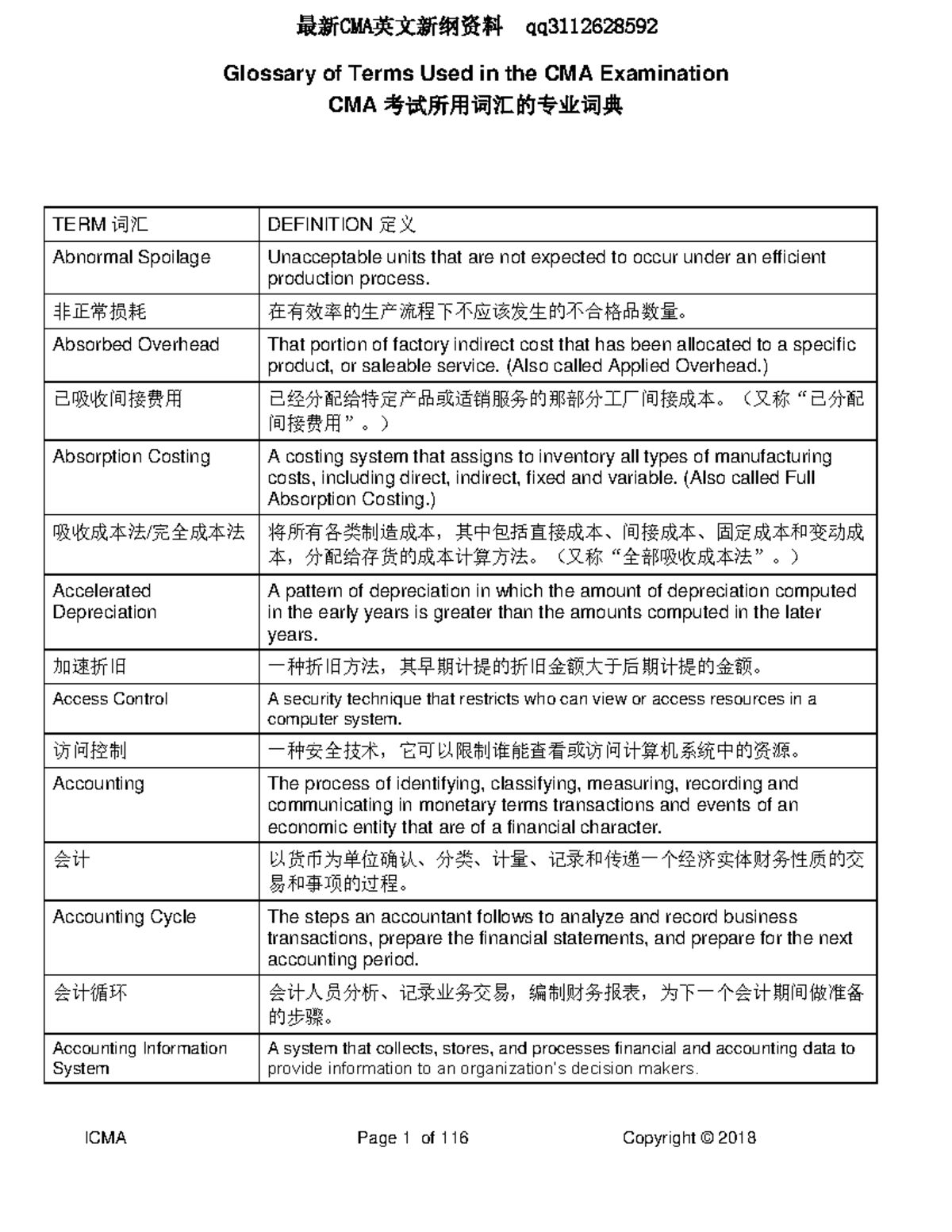 CMA考试专业用词中英文对照表 - For CMA Exam Preparation - Glossary of Terms Used in ...