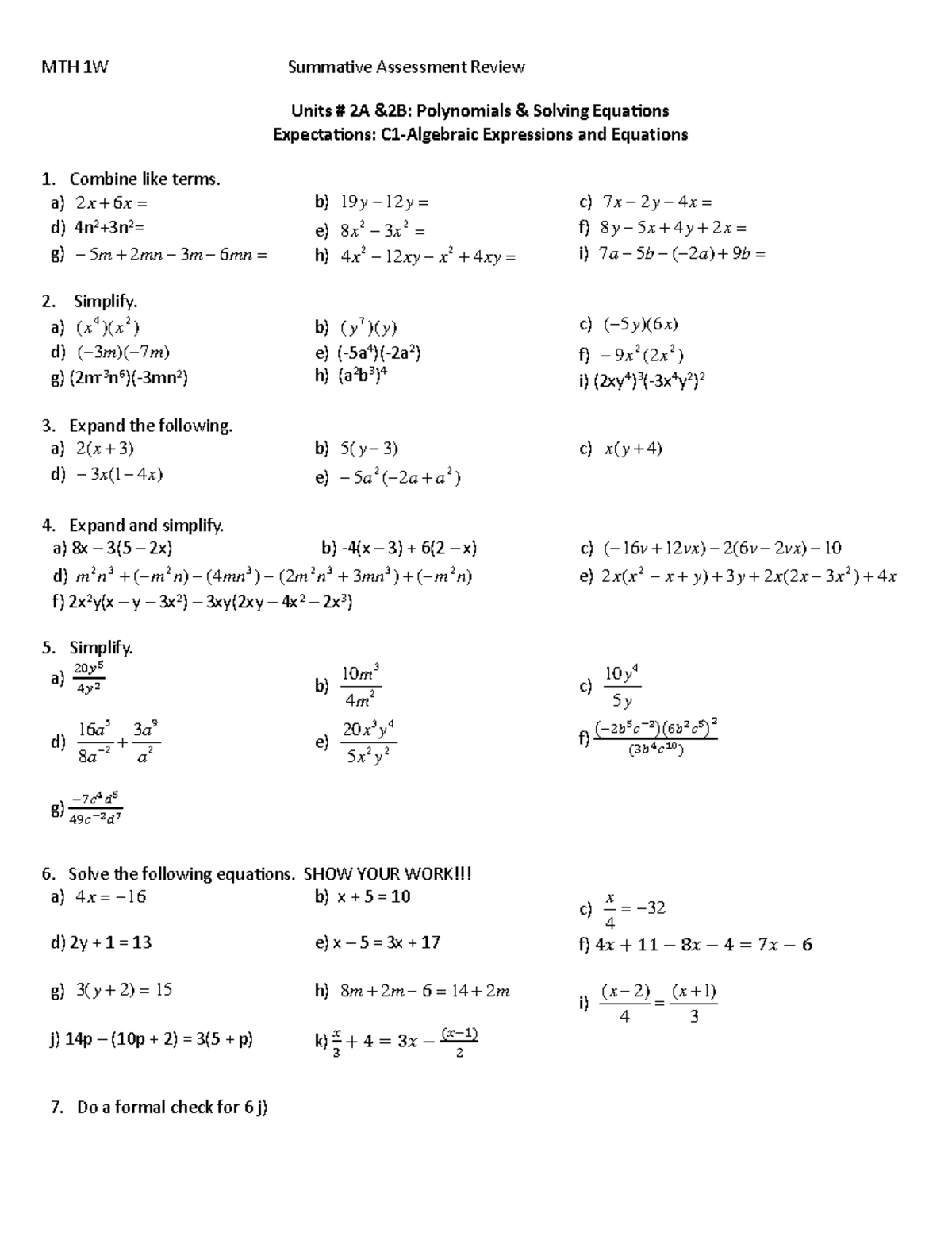 Summative Review-Unit 2A and 2B - MTH 1W Summative Assessment Review ...