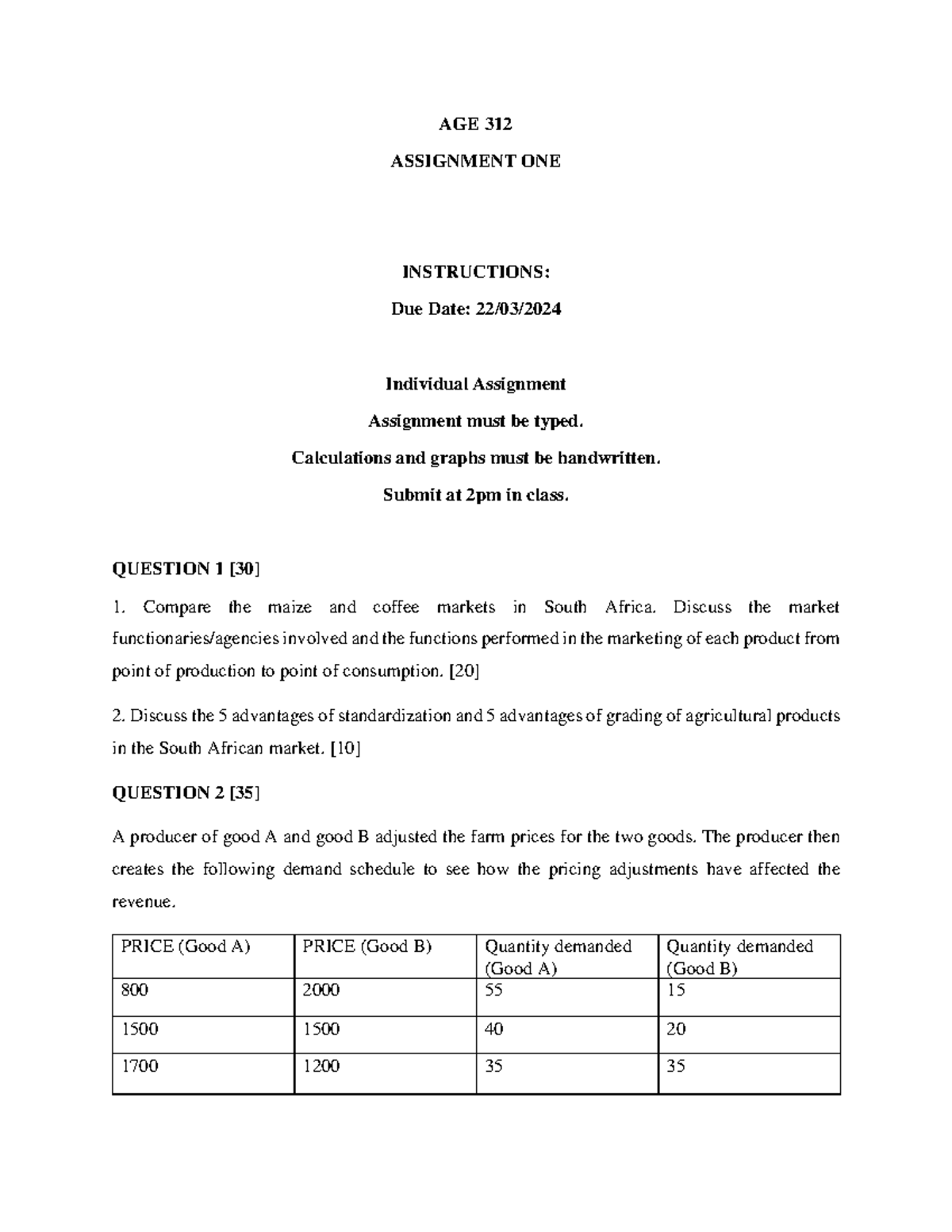 AGE 312 Assignment ONE 2024 - AGE 312 ASSIGNMENT ONE INSTRUCTIONS: Due ...