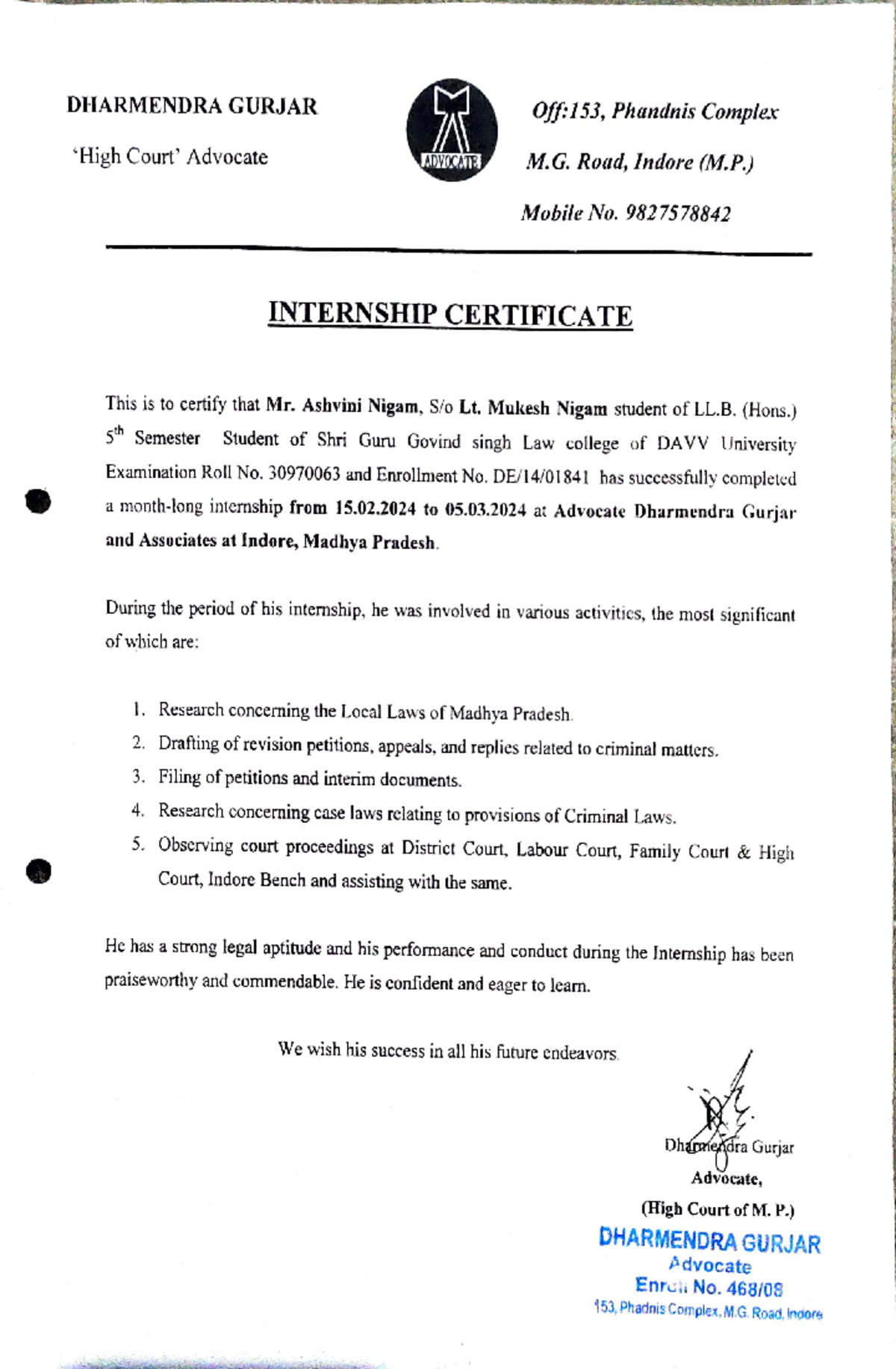 Internship notes - DHARMENDRA GURJAR High Court' Advocate ADVOCNI Off ...